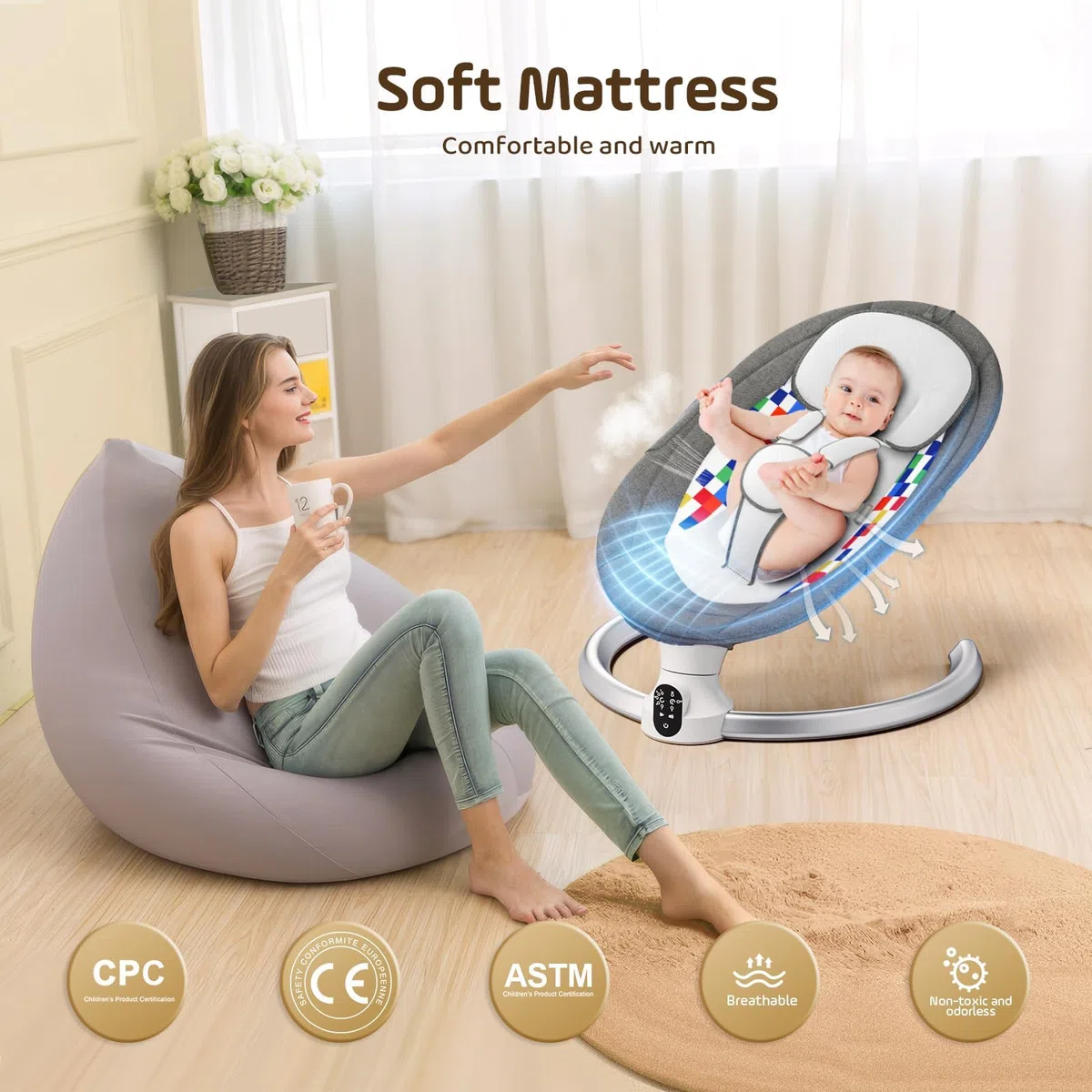 Mecedora Bebe electrica, Hamaca bebé eléctrica para Desde el nacimiento hasta los 6 meses, Bluetooth y APP Control Silla Mecedora,5 modos de columpio,10 melodías, con arnés seguridad 5 puntos