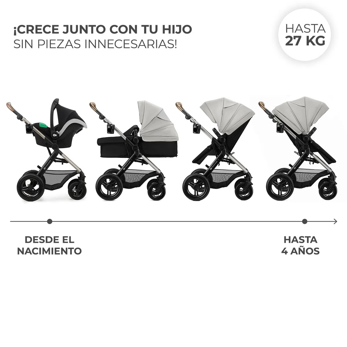 Kinderkraft MOOV XL 3 en 1, Carrito bebé hasta 27 kg, Carro, Con Asiento I-SIZE 40-75 cm, Plegable, Amortiguación, Convertible, Capazo XL, Con accesorios, Gris Claro