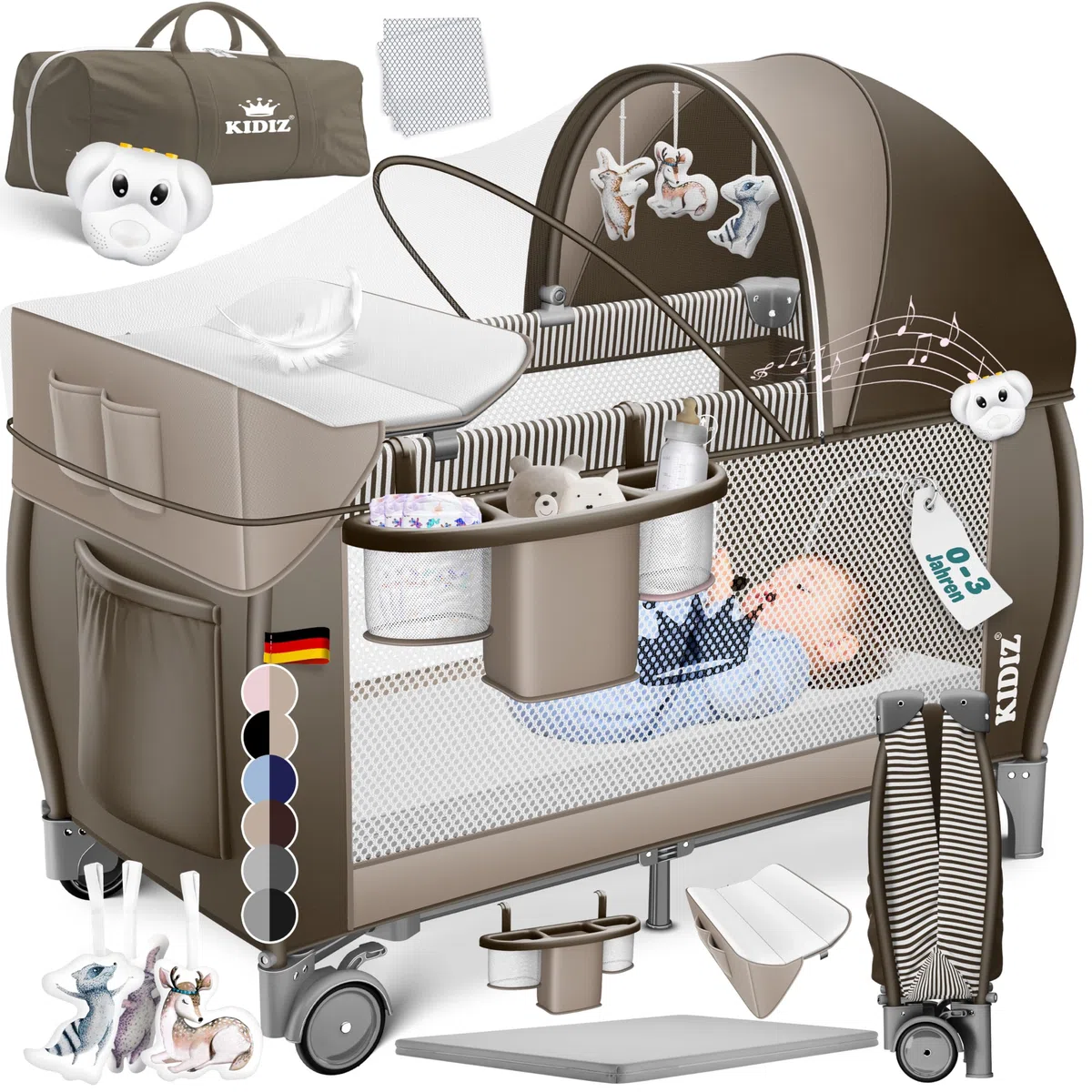 KIDIZ® Cuna de bebé 3 en 1 Cama de Viaje, Combi Set, Cama de bebé con Cambiador, mosquitero Corral de Juego, marrón