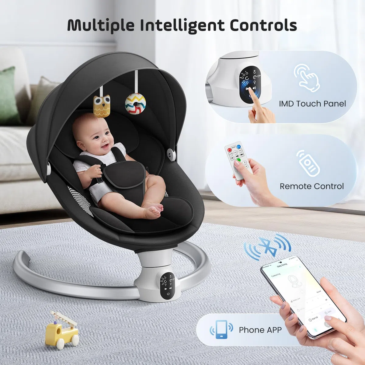 Bouncer eléctrico para bebés con 5 amplitudes de swing temporizador de 3 etapas, silla de gorila para bebés con control de aplicaciones móviles y control remoto(Negro)