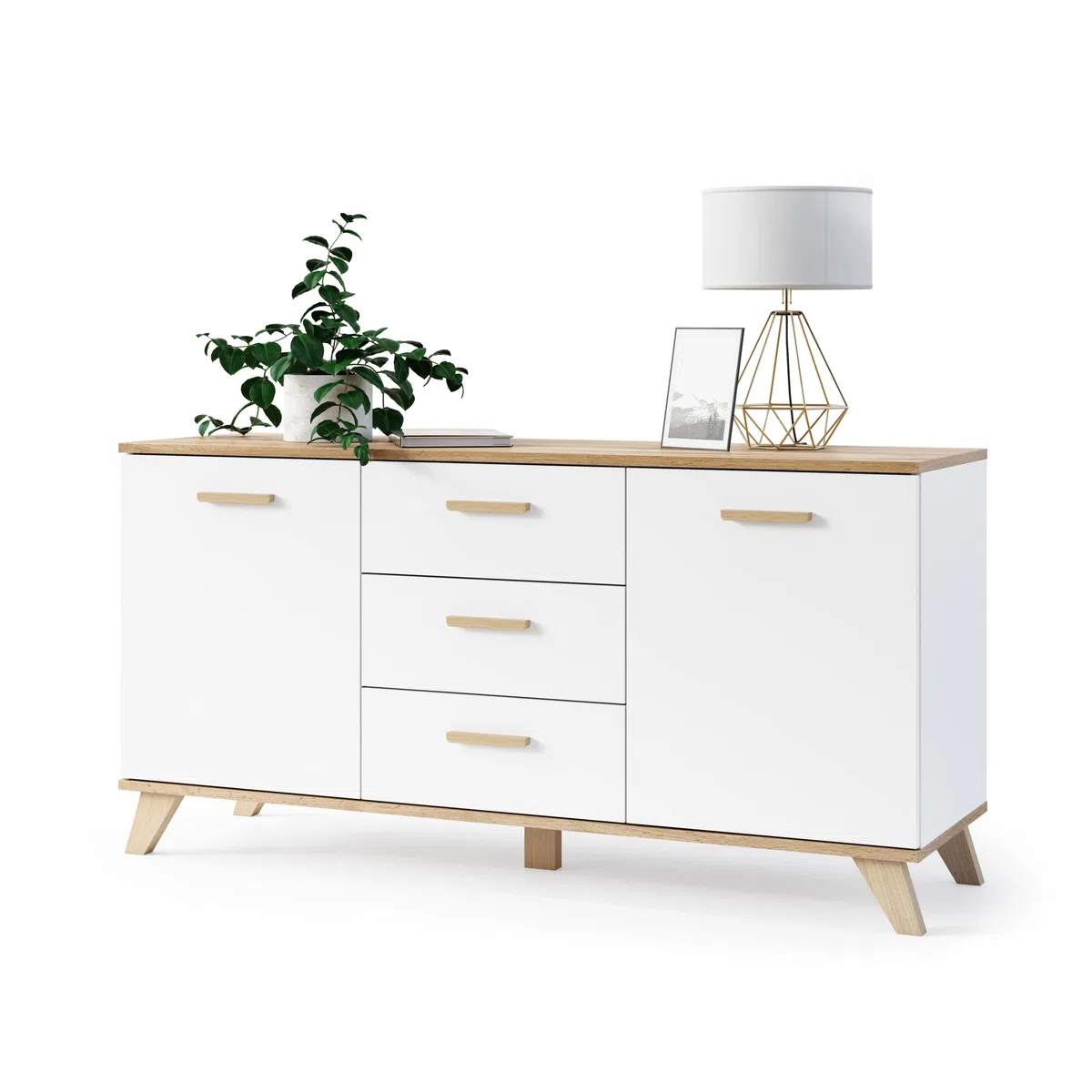 VBChome Cómoda con 3 cajones y 2 puertas, 120 x 40 x 75 cm, roble blanco, tiradores de cajón, de madera, para pasillo, dormitorio, salón, habitación infantil