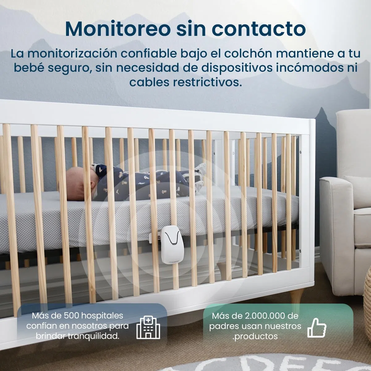 Babysense Monitor para Bebés con Alertas de Respiración en Tiempo Real, Notificaciones de Irregularidad, Certificación Médica Monitor sin Contacto, Cobertura Completa con 2 Sensores