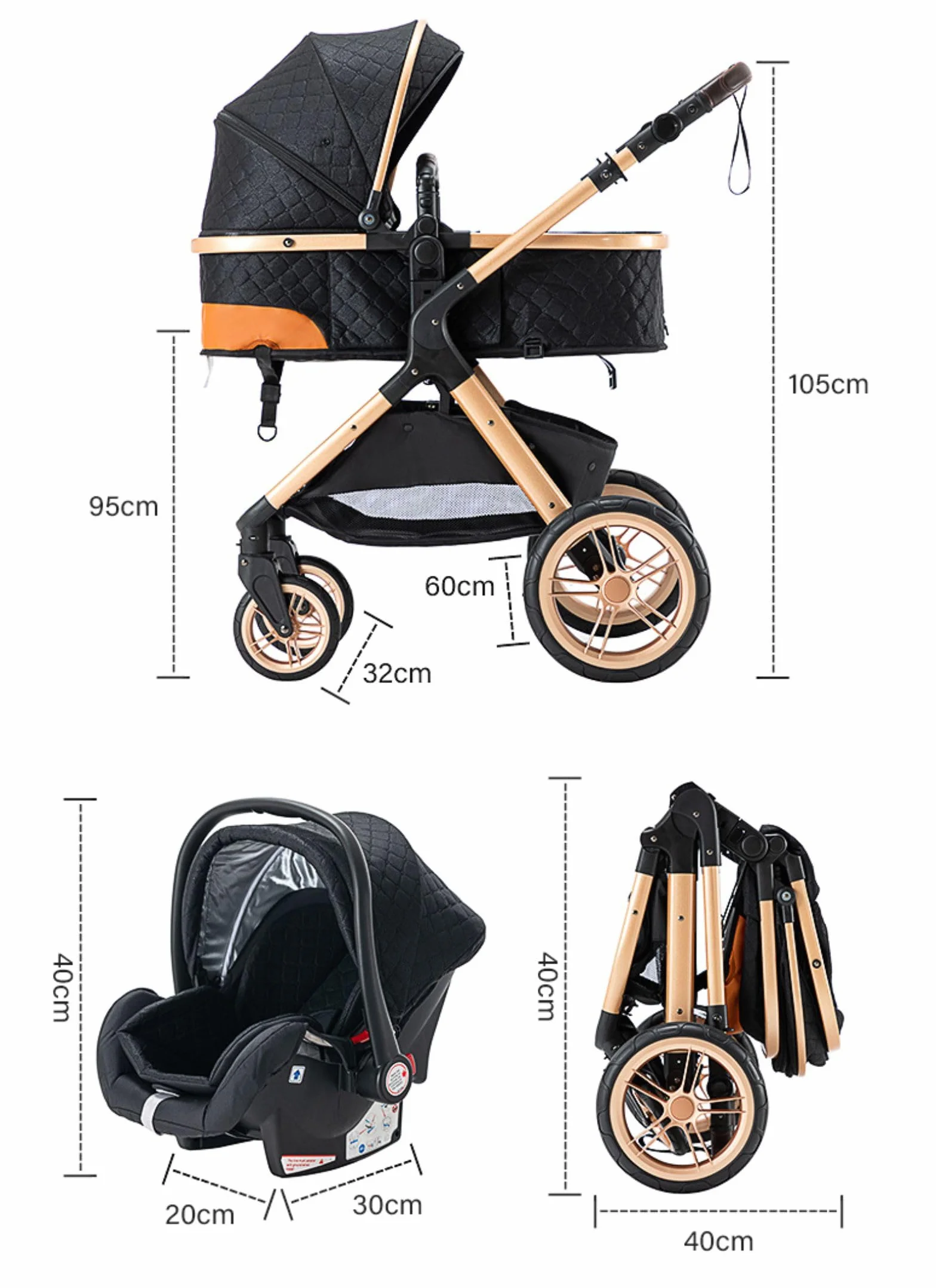 Carrito bebé 3 Piezas, Carro, Carrito bebé 3 en 1, Silla Paseo, Sistema de viaje, Plegable, neumáticos de caucho, Con accesorios, Góndola, Adaptateurs, 25 kg (XX1 Negro)