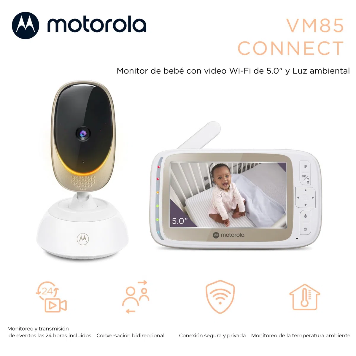 Motorola Nursery VM85 Connect Vigilabebés con Cámara – WiFi y App Móvil, Pantalla 5”, Visión Nocturna, Giro/Inclinación, Comunicación Bidireccional, Canciones de Cuna