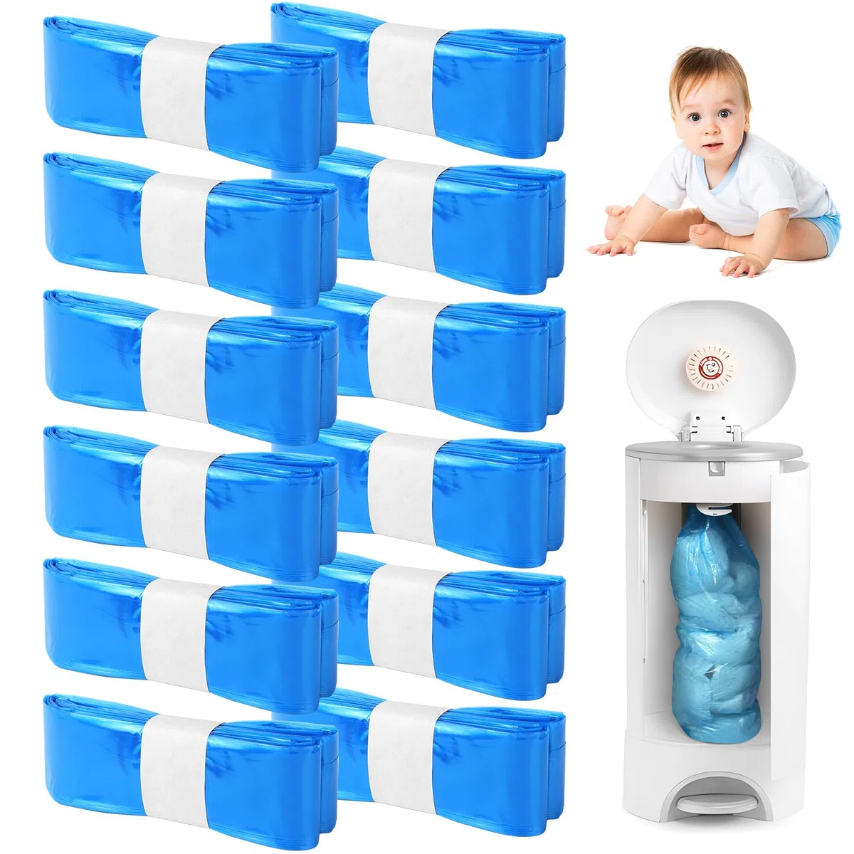 12 Recambios para Cubos de Pañales, 4.5m Recambio Contenedor Pañales, Barrera de Olor Súper Fuerte, Compatible con la mayoría de las papeleras, Azul claro