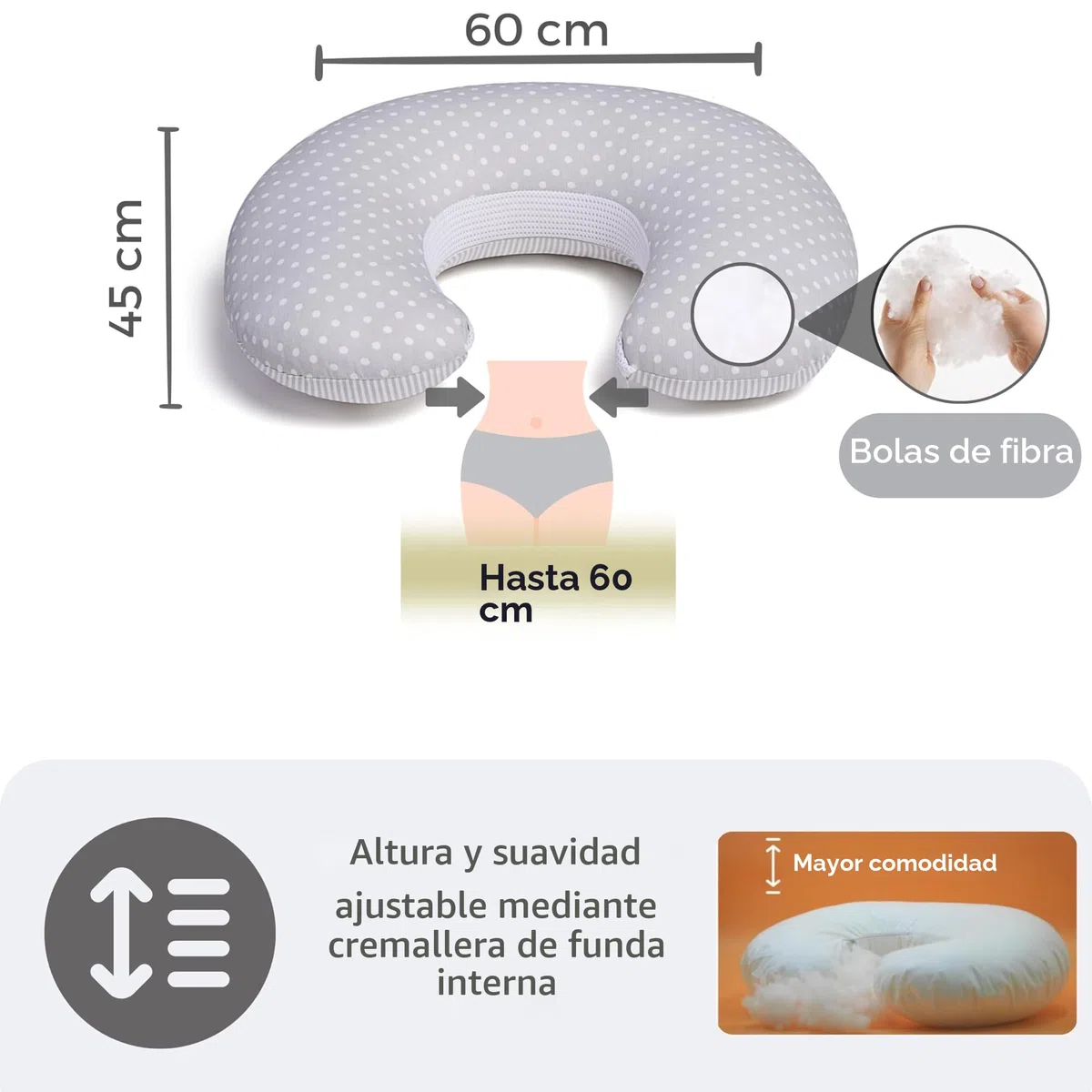 Dilamababy - Cojin Lactancia con 2 Fundas de Algodón 100%, Relleno Bolas de Fibra Ajustable - Cojin de Lactancia con Banda Ergonómica y Cordones para Amamantar con Seguridad