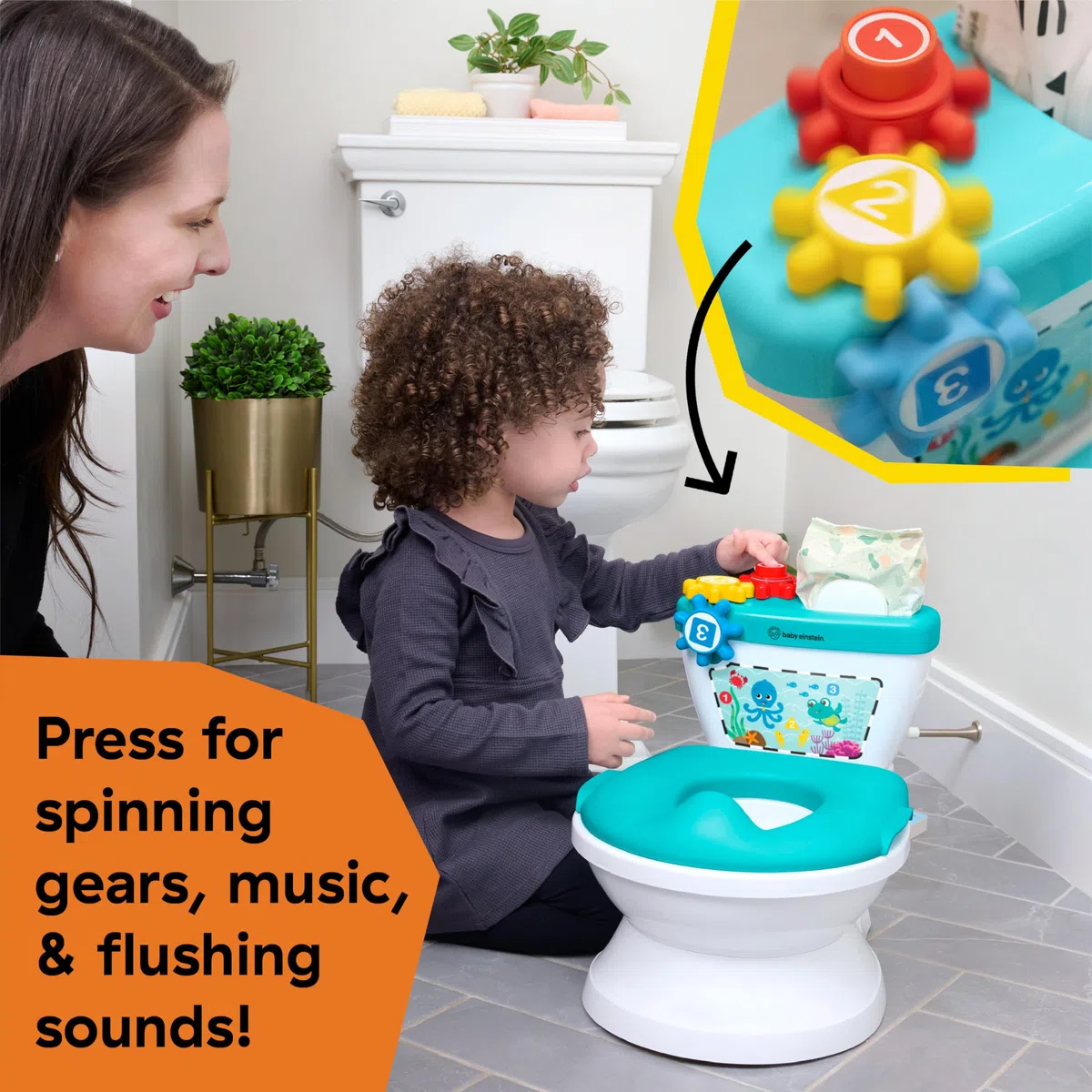 Baby Einstein, Geared for Success: Sistema 2 en 1 para Aprender a Ir al Baño, Con Música y Engranajes Giratorios, Desde 18 Meses