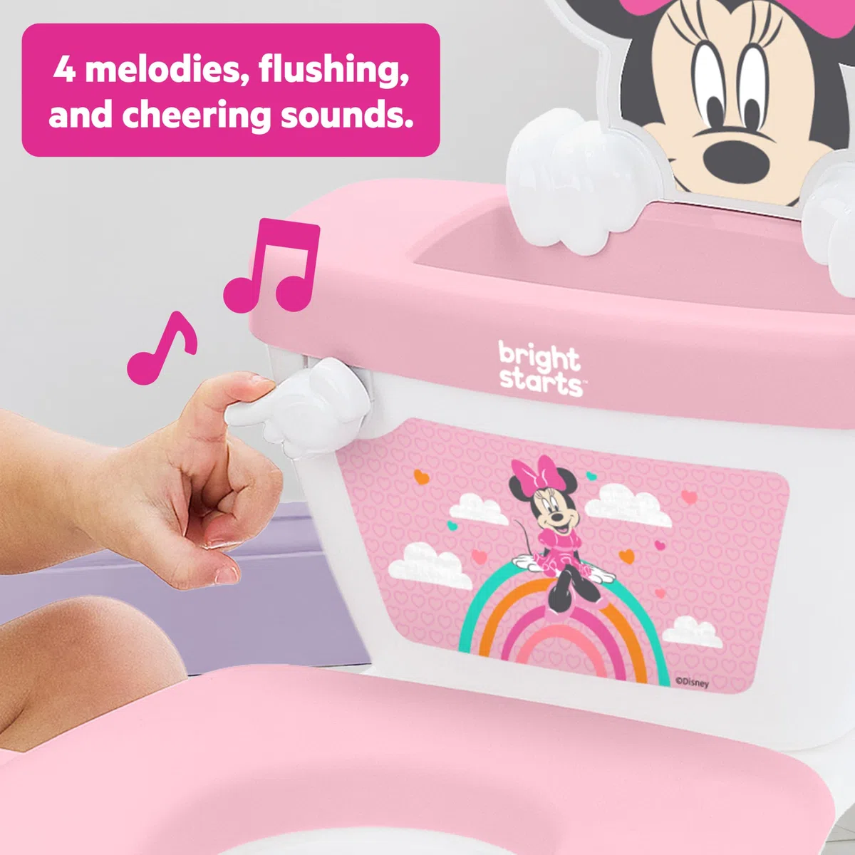 Bright Starts, Disney Baby Orinal 2 en 1 Minnie Mouse, con Sonidos de Descarga y Aplausos, desde 18 Meses, hasta 23 kg, Rosa