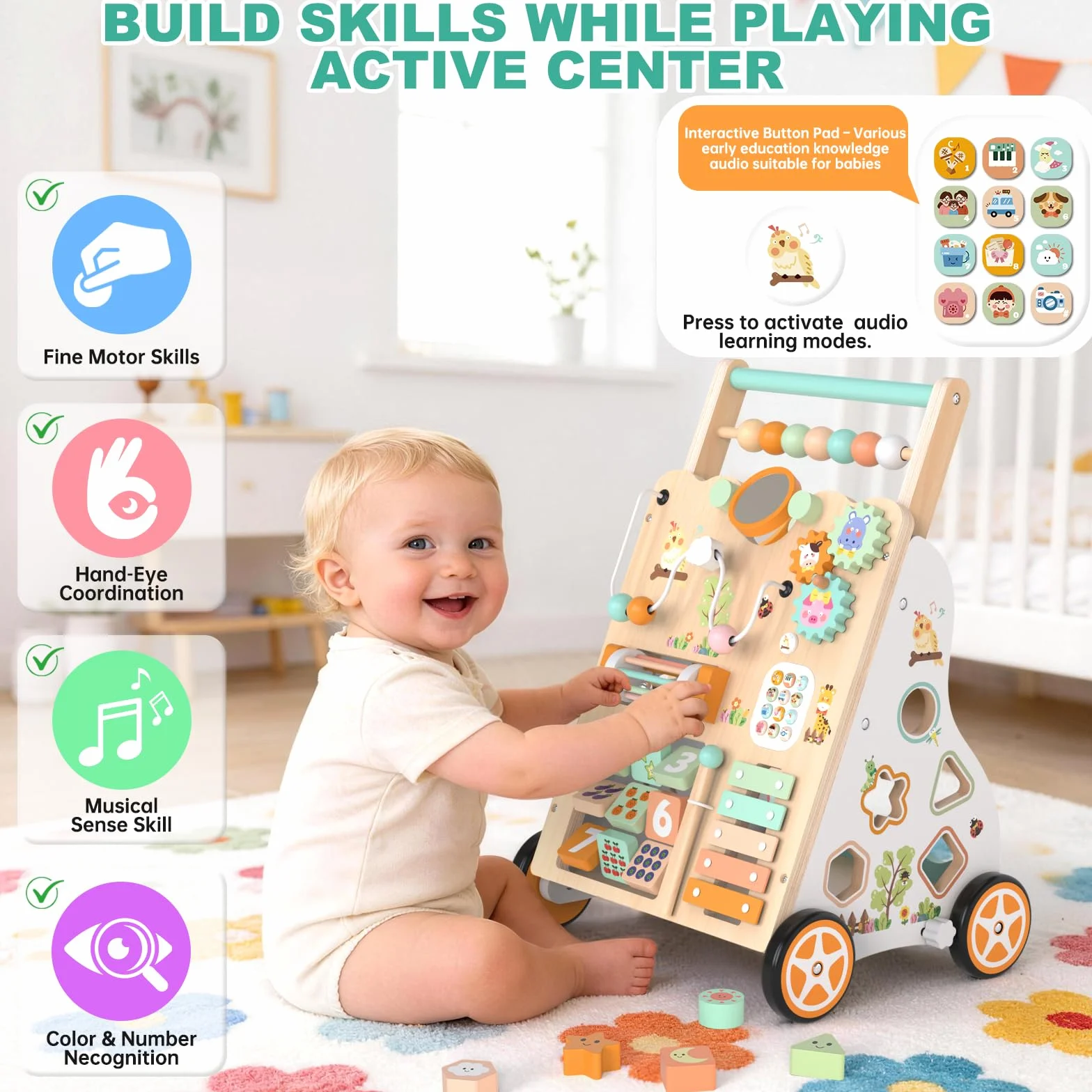 Andador de madera para niños 12+ meses, caminador Montessori con centro de actividades, laberinto de cuentas, clasificador de formas, xilófono y juego de pesca, altura y velocidad ajustables