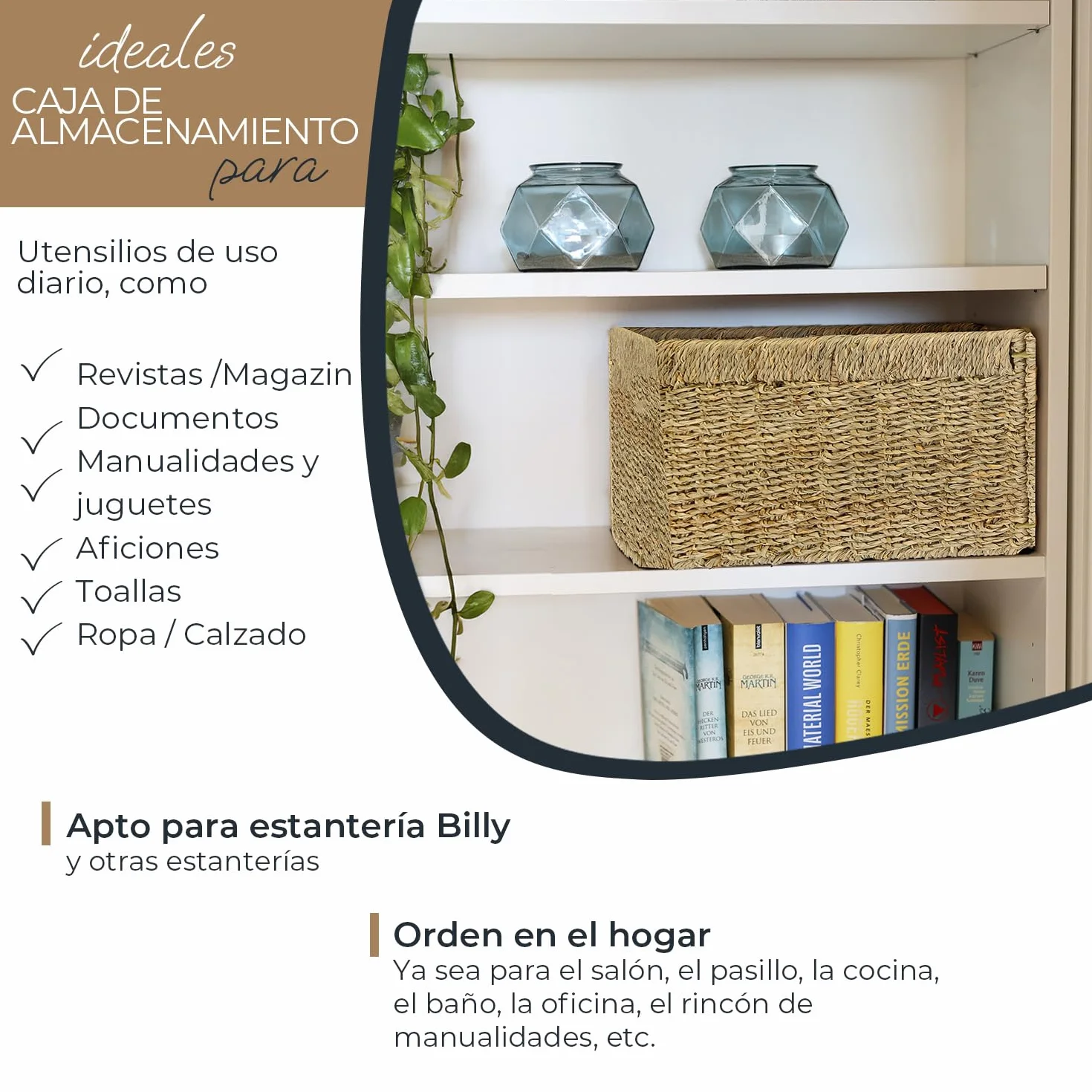 Cesta de almacenamiento compatible con estantería Billy, trenzada de hierba marina, juego de 2, 35 x 25 x 20 cm, Natural