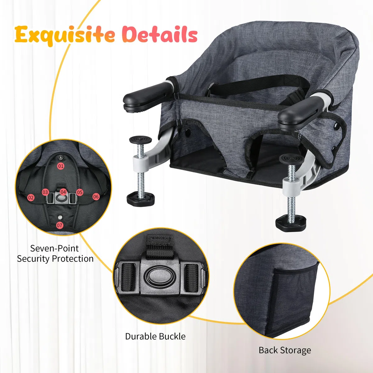 Toogel Silla de Mesa para Bebé con Bandeja Extraíble, Trona Portátil con Correas de Seguridad, Asiento de Mesa Infantil con Bolsa de Transporte para Casa y de Viaje (Gris)