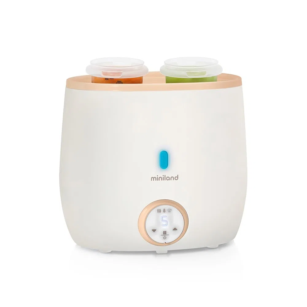 Miniland - Warmy Twin Calienta Biberones y Esterilizador, Calentador Rápido de Alimentos para Bebés 2-en-1, Calentador con Pantalla Digital Control Preciso Temperatura para Leche Materna (Beige)