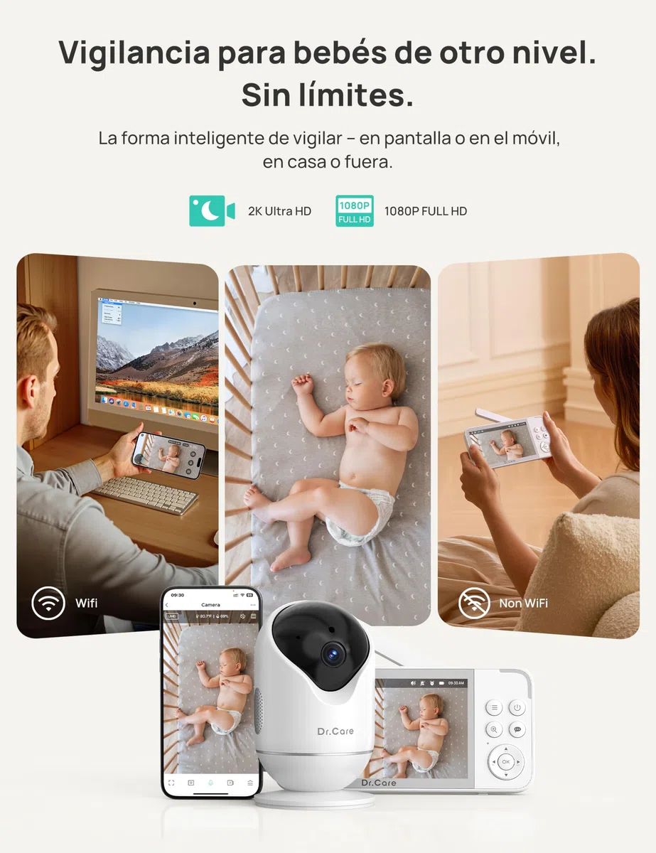 Dr.Care VistaView Baby Monitor Smart Wi-Fi de 5” con Soporte Clip, Cámara 2K HD, Control por App, Alertas de Llanto y Movimiento, Visión Nocturna, Batería 5000 mAh, Audio Bidireccional