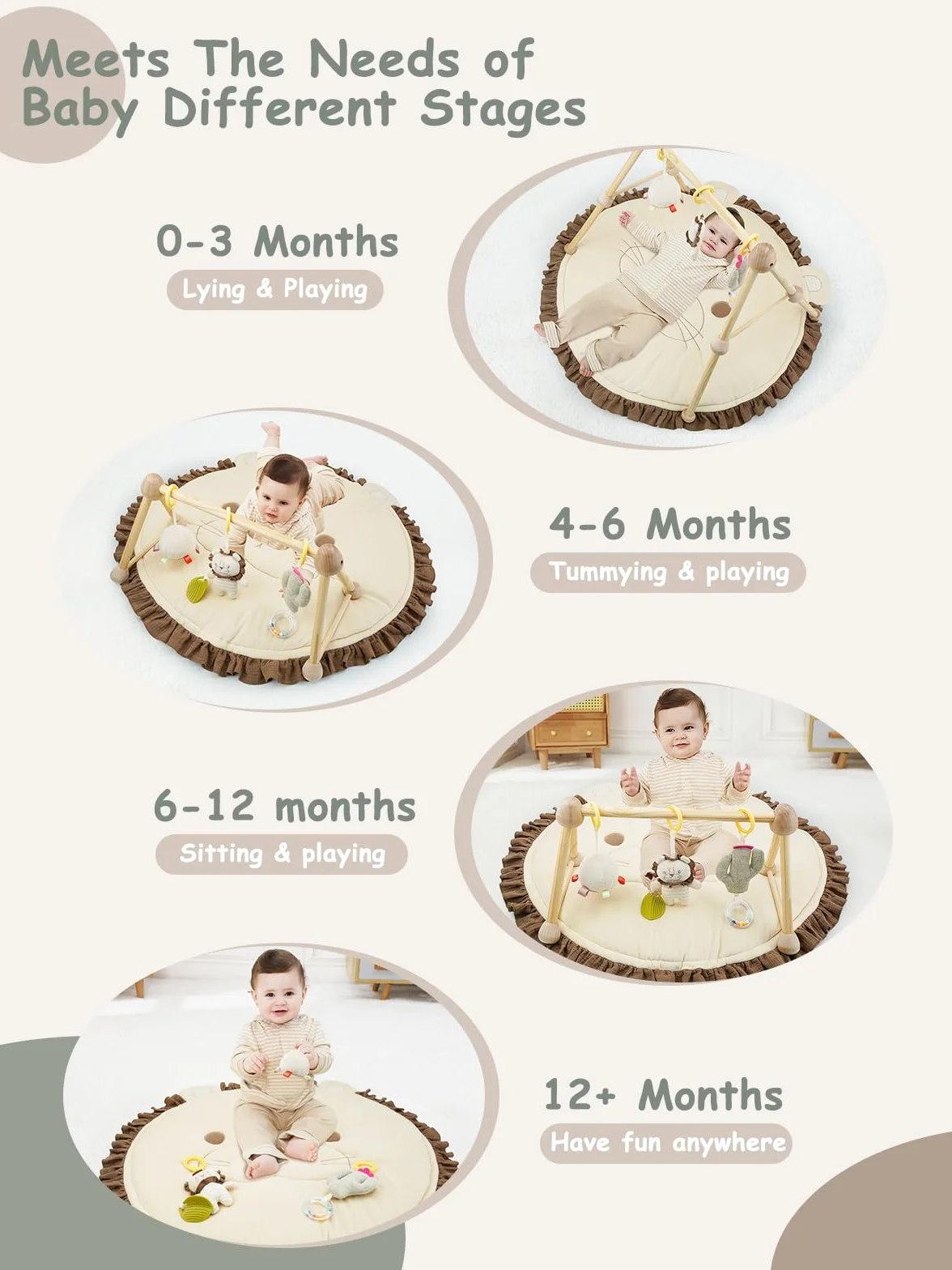 4 IN 1 Gimnasio para Bebé, Alfombra de Juegos con Madera Natural, 3 Juguetes Desmontables para Agarrar, Montessori para 0-3-6-12-36 Meses, León Marrón