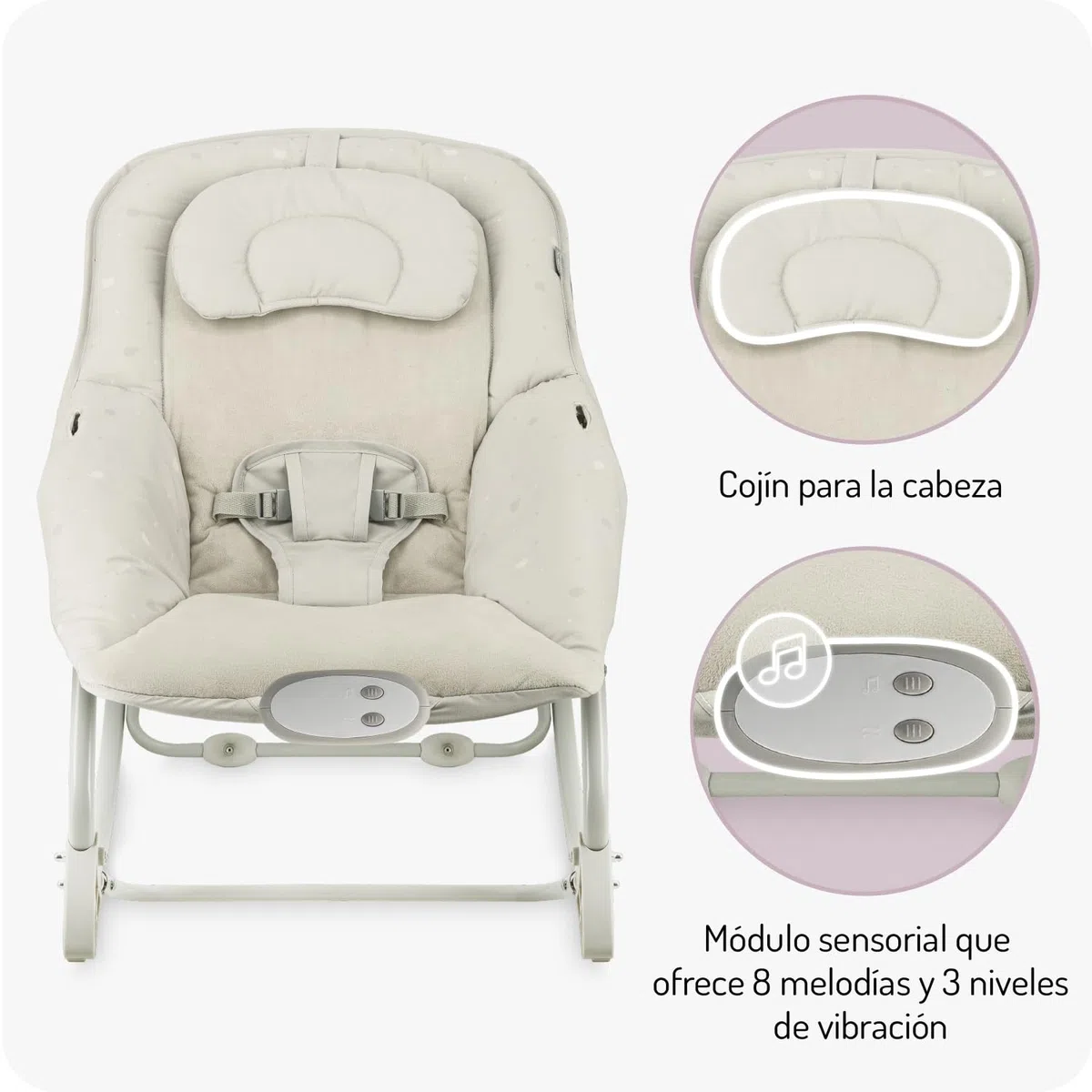 Mecedora MoMi LAPIS para niños hasta 12 kg, a pilas, arnés 3 puntos, barra con 2 juguetes, respaldo 3 posiciones, 8 melodías, control volumen, 3 modos de vibración