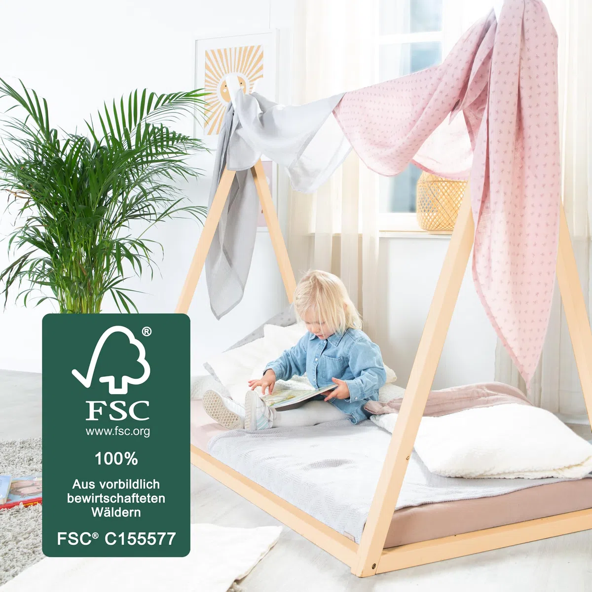 roba Cuna Tipi 70 x 140 cm en Forma de Tienda - Cama Infantil Según Principio Montessori - Fabricada en Madera de Bambú Certificada por FSC - Lugar para Jugar, Leer y Abrazar - Natural