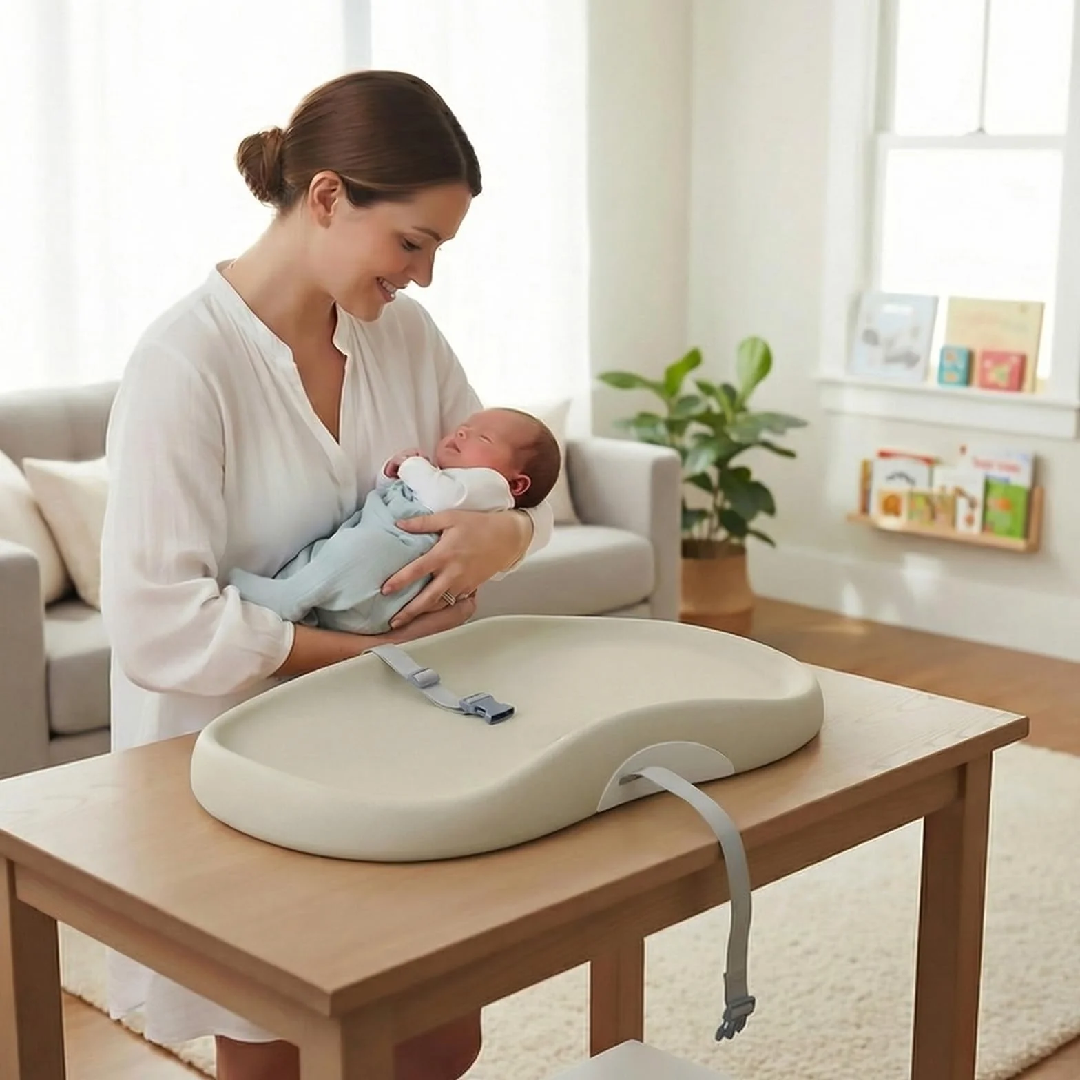 UBRAVOO Cambiador de Bebé con Arnés de Seguridad y Estante para Juguetes, Cuña Antivuelco, Fácil de Limpiar, Impermeable y con Bordes Acolchados Elevados (Beige, Estilo Normal)