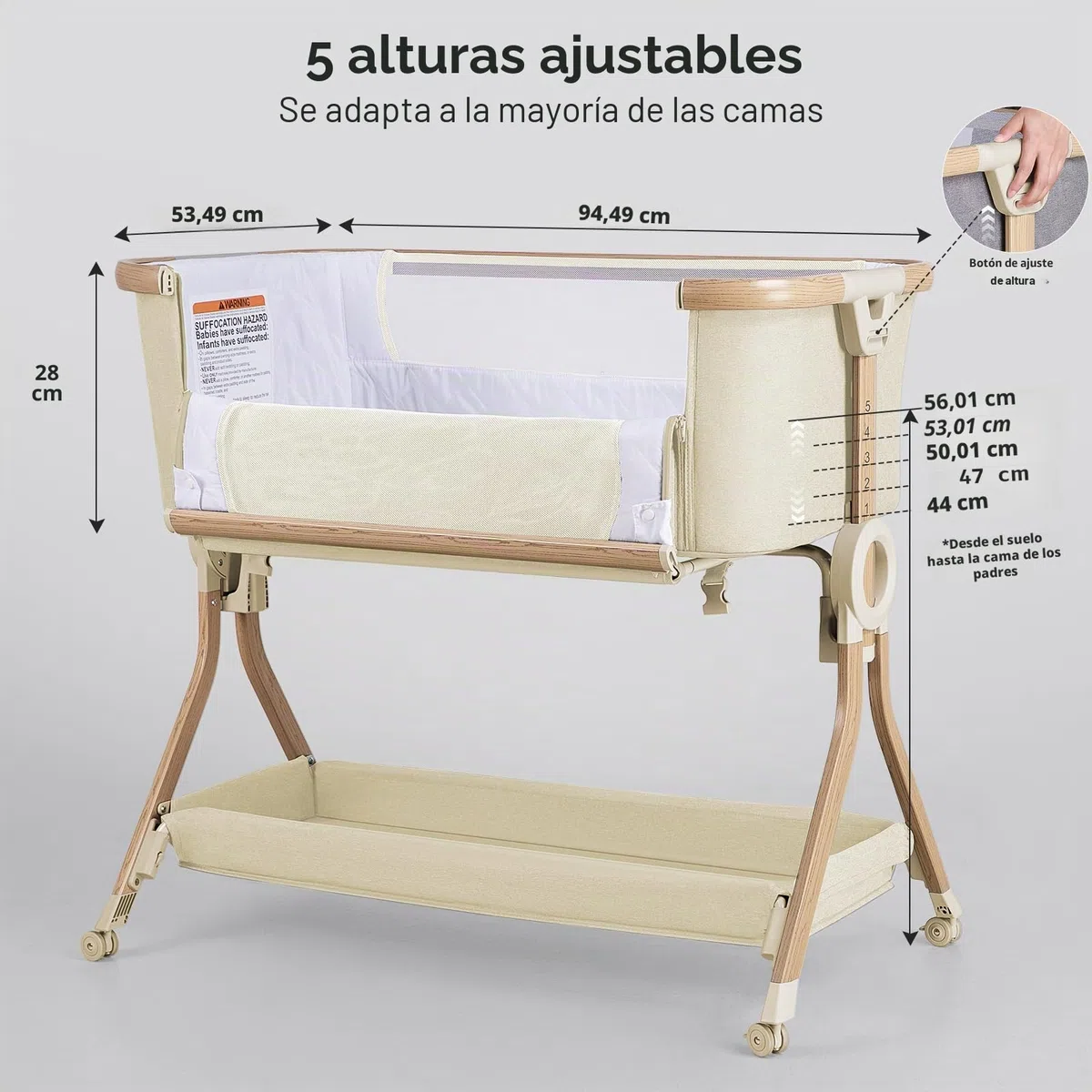 Larex Cuna Colecho para Bebé bassinet para recién nacido y bebé con mosquitera, bolsa y cesta de almacenamiento, 5 alturas ajustables,4 Ruedas con Freno, colchón transpirable y paredes de malla(Caqui)
