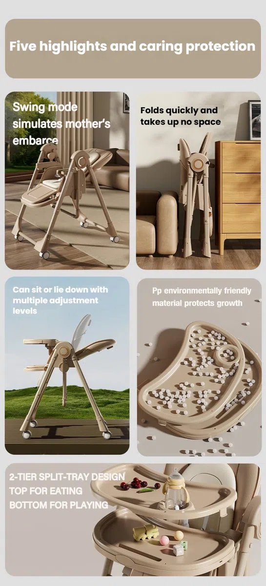 Modo de Comedor 2 en 1 y Modo Swing Trona para Bebé Silla, de Comedor para, Convertible Plegable Multifuncional, Con 5 Alturas Ajustables y 3 Posiciones Reclinables (8121 Grey)