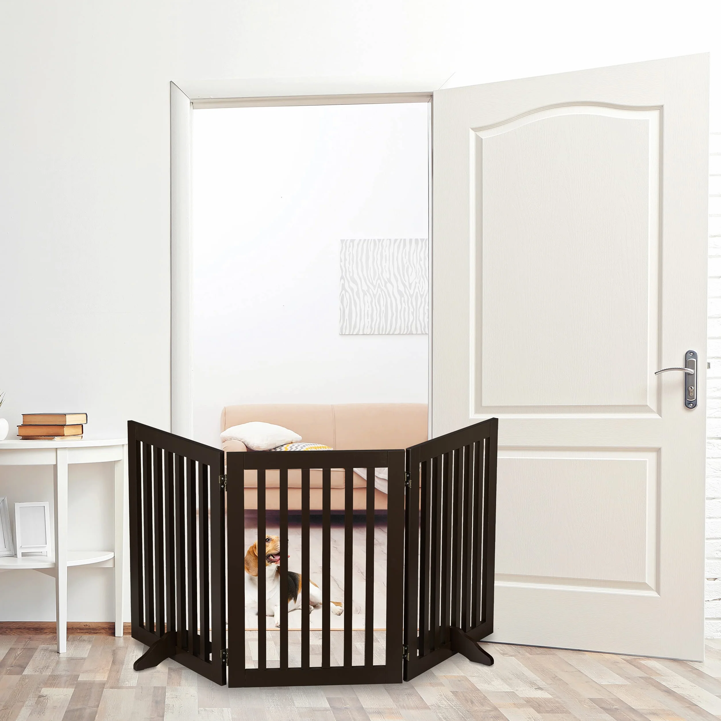 Relaxdays Barrera Seguridad Niños, Valla Protectora Plegable, 70 x 154 cm, Cerca Perros y Mascotas, con Patas, Marrón