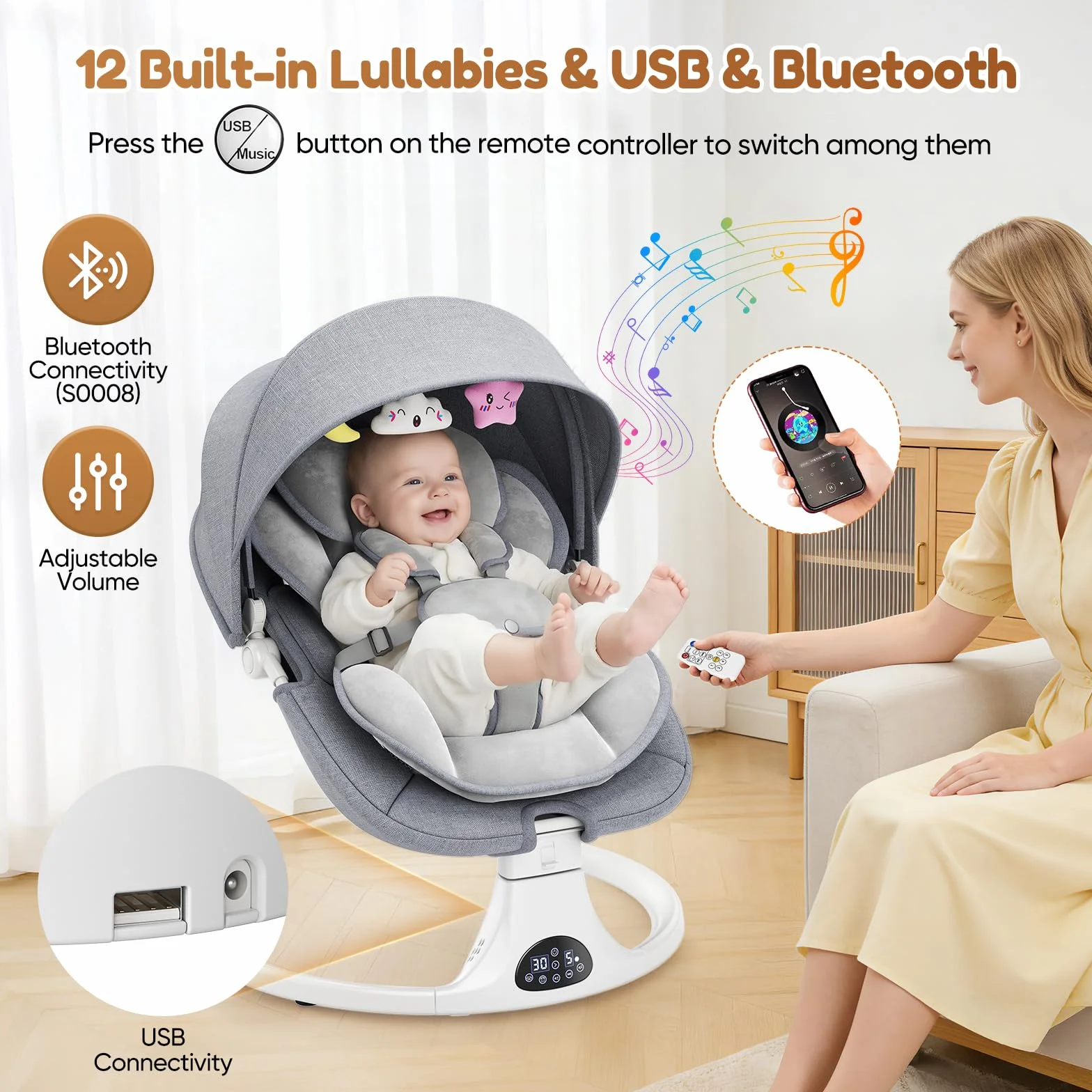 Respaldo Ajustable Hamaca para Bebé, Eléctrica Silla Mecedora de Bebé con Cojín Desmontable y Mesa Auxiliar Desmontable, Control Remoto Hamaca Bebe 5Velocidades de Columpio y 12 Melodias (Gris)