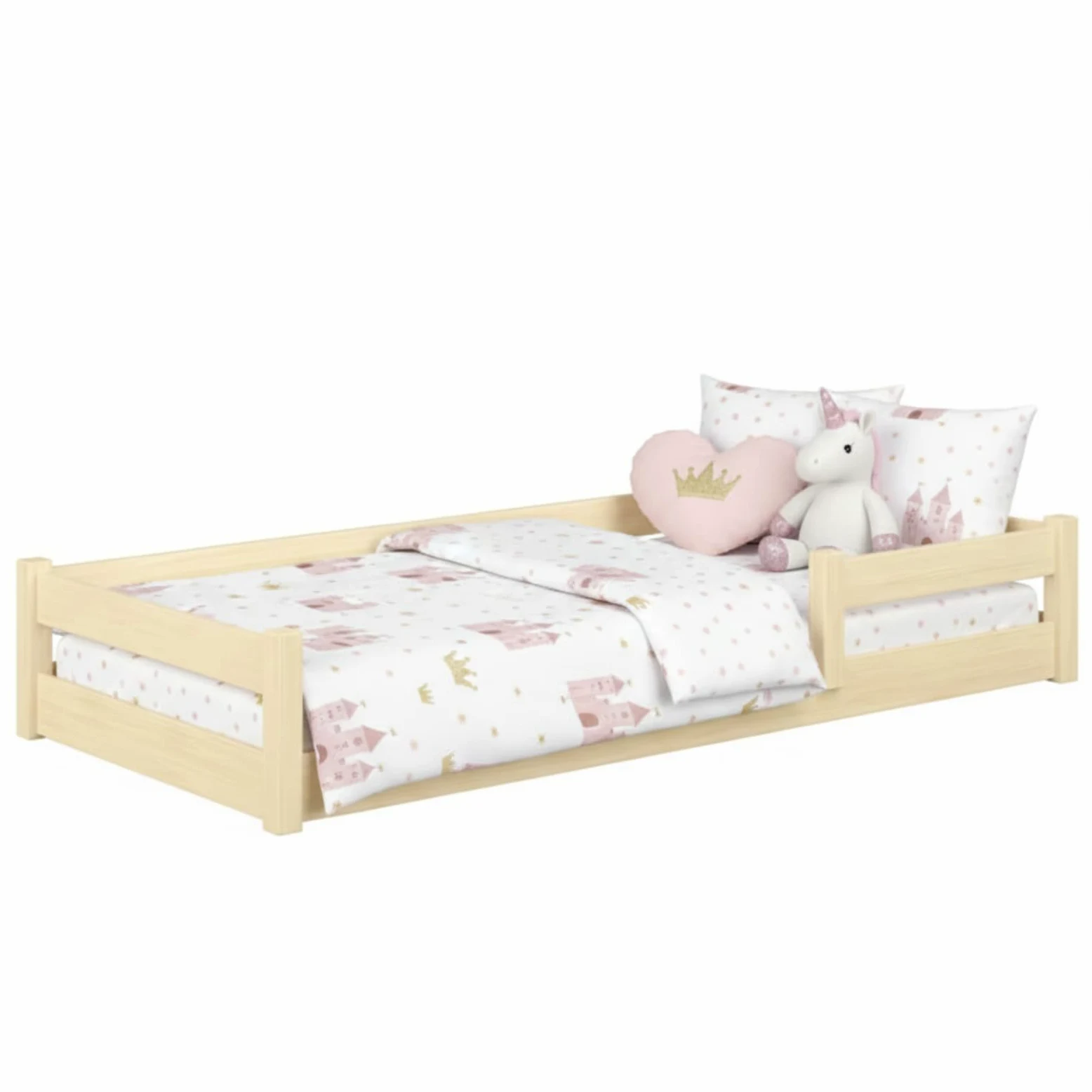 KOBI Cama Infantil 120x60 cm, con barandilla - Nordi Cama de Suelo de Madera de Pino Natural