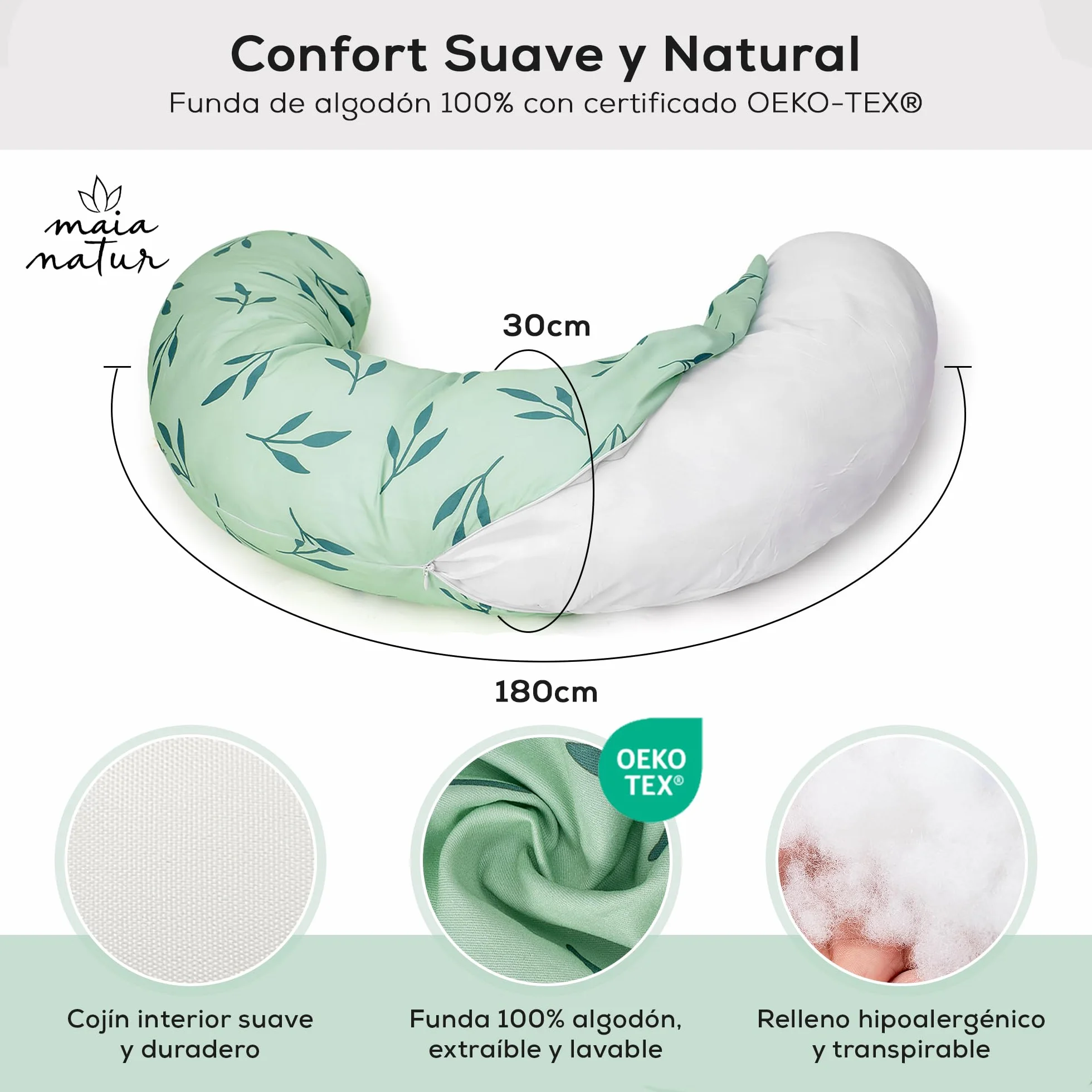 Cojín Embarazada y Almohada para Embarazadas XXL 180 cm – Soporte Firme Que no se Hunde – Cojín de Lactancia Ergonómico – Certificado Oeko-Tex