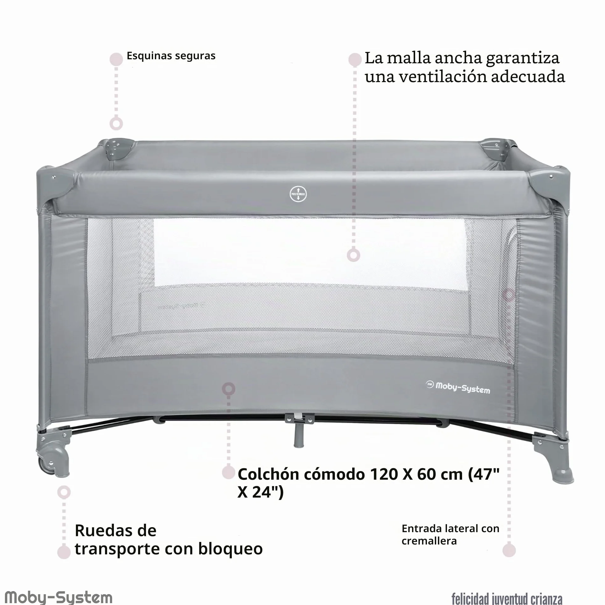 Moby-System Cuna de Viaje para Bebé – Parque Cuna 2 en 1 con Colchón Plegable, 2 Alturas, Ruedas con Freno y Bolsa – Cuna Plegable con Entrada Lateral y Cambiador