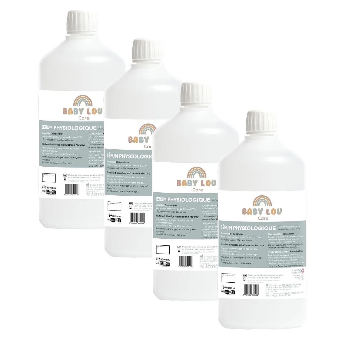 Suero Fisiológico Botella 4x1L | NaCl 0,9% | Fabricado en Francia | Lavado de fosas nasales | Higiene de la nariz | Para irración externa