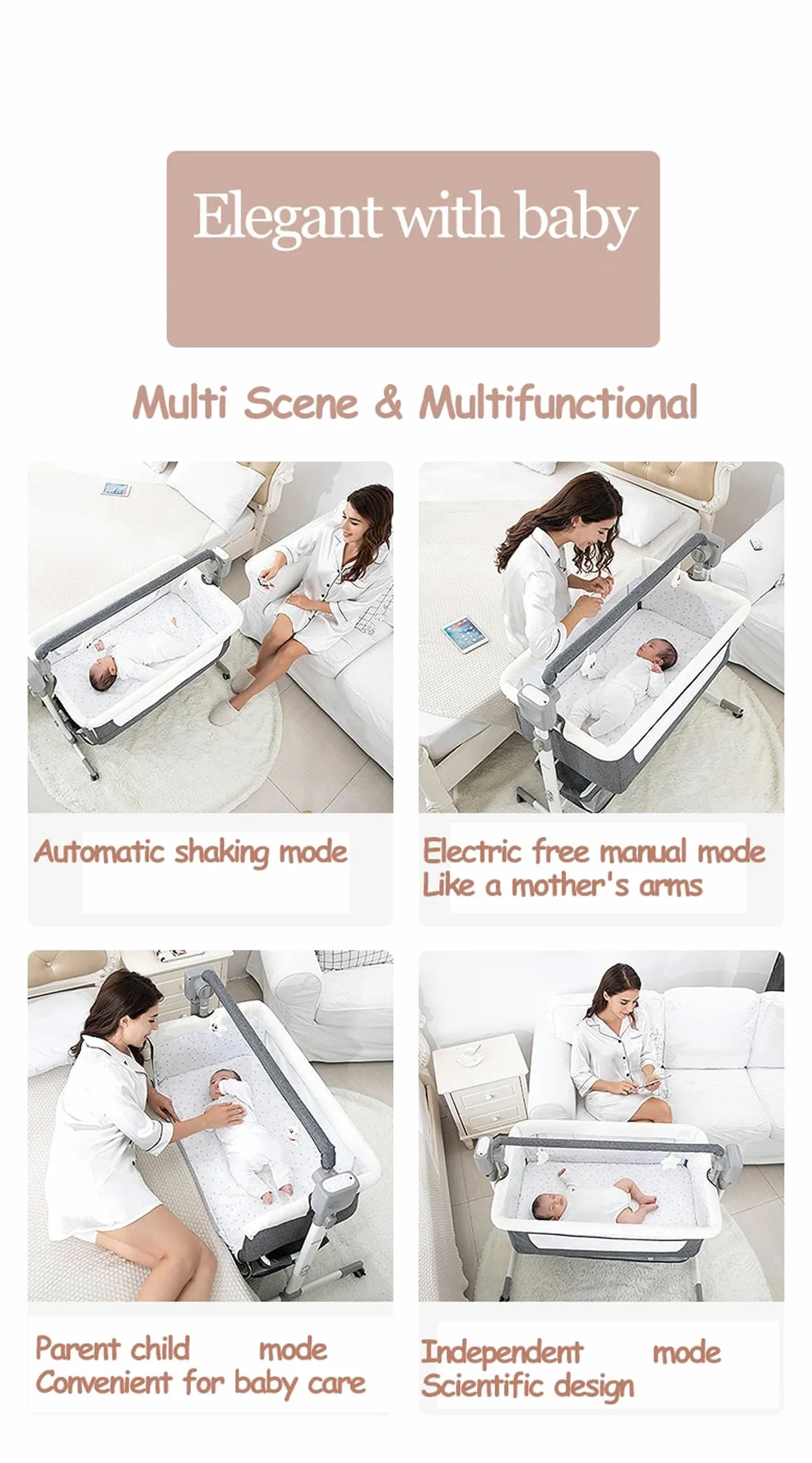 MoLi Eléctrico Bluetooth Inteligente Cuna Colecho Bebe, Cuna Next to me Convertible, Plegable Colecho Bebe con Colchon, Música, 5 Engranajes de Balanceo y Control Remoto (601 Beige)