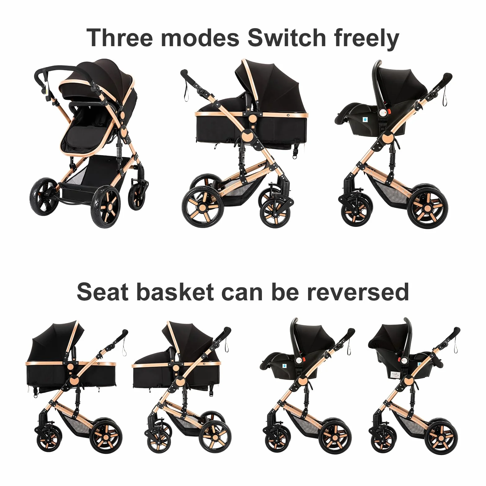Carro Bebe 3 Piezas, Carrito Bebe 3 en 1 con Dos Modos de Empuje Reversibles, Cochecito Tres Piezas con Capazo Grande Cómodo, Carricoche Tres Alto Paisaje (588 Black Gold)