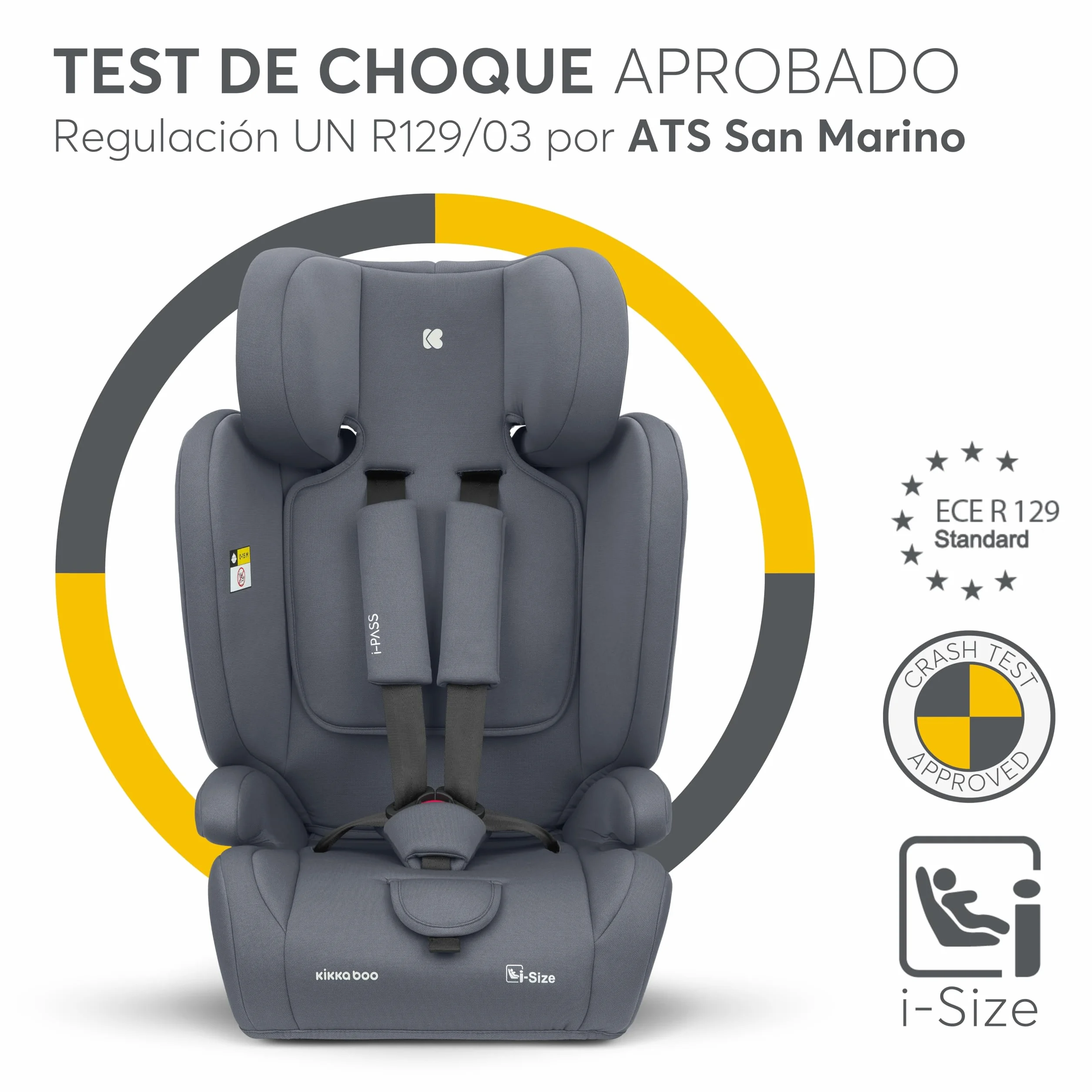KikkaBoo Silla de Coche Grupo 1 2 3 i-PASS 9-36 kg 76-150cm Reposacabezas 13 Posiciones Gris