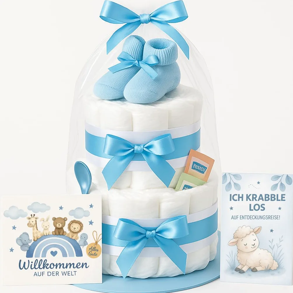 Tarta de pañales para niño de 2 pisos en azul con calcetines para bebé, regalos para el nacimiento para la madre, bautizo o fiesta de bebé, idea de regalo con pañales recién nacidos, incluye tarjeta