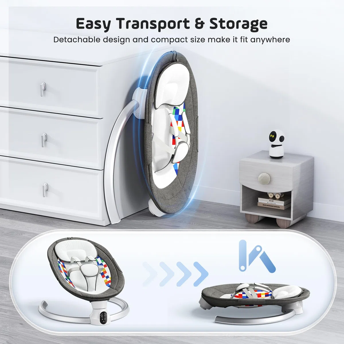 Hamaca para Bebé, Bluetooth Habilitado Eléctrica Silla Mecedora para 0-9 kg de Bebé Funcionamiento con App y Mando a Distancia Balancin para Bebes Arco Regulable, con Melodias