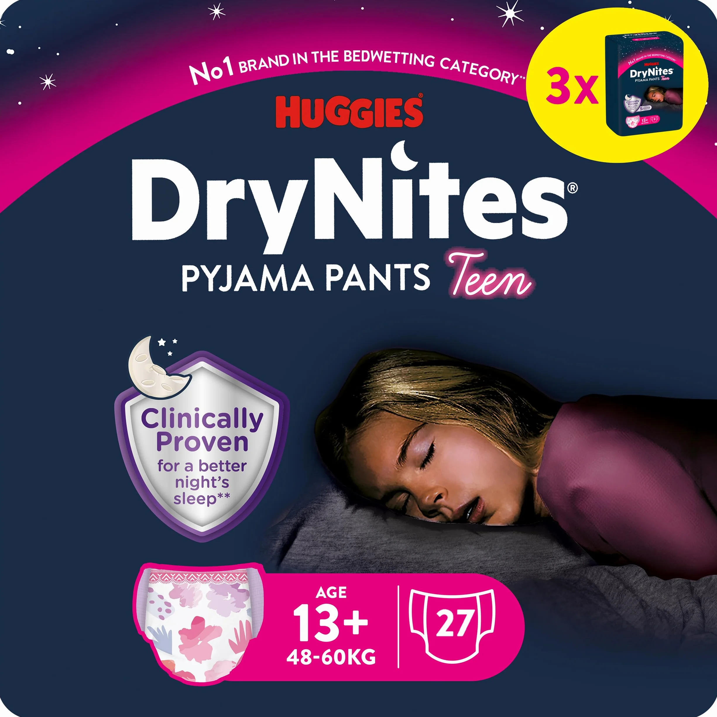 Huggies DryNites - Pañales de noche para enuresis, para niñas de 13 a 17 años (48-60 kg), 27 unidades (3 x 9), paquete mensual