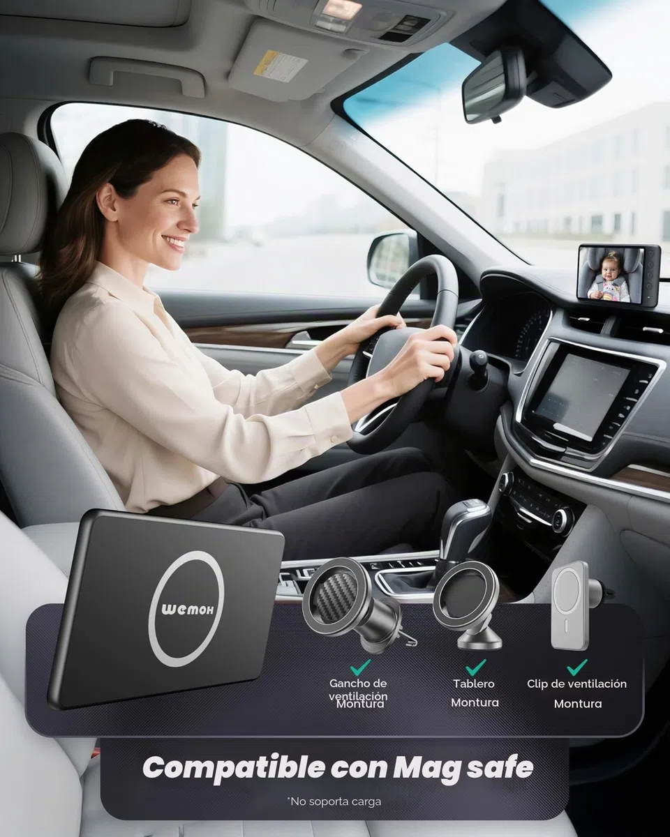 Cámara Magnética Dual para Coche de Bebé para Dos Niños, Pantalla IPS 1080P con Soporte Magnético, 3 Modos (Zoom/Espejo/División), Visión Nocturna Automática, Cámara de Coche Alimentada por USB