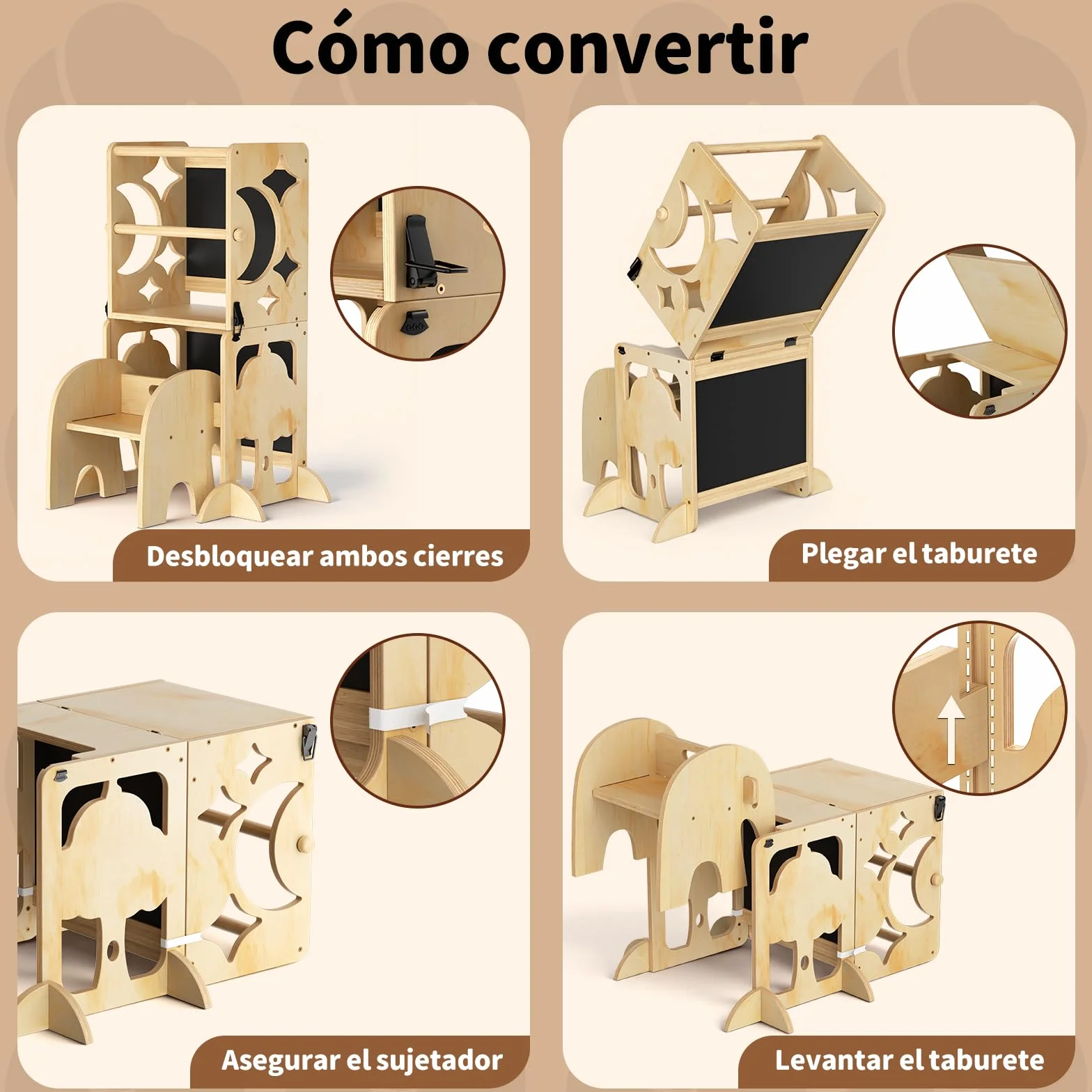 COSYLAND Torre de Aprendizaje Infantil 4 en 1 con Barandilla de Seguridad, Plegable, Doble Pizarra, Natural