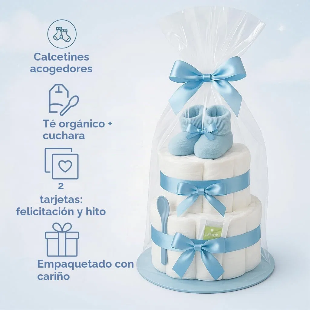 Tarta de pañales para niño de 2 pisos en azul con calcetines para bebé, regalos para el nacimiento para la madre, bautizo o fiesta de bebé, idea de regalo con pañales recién nacidos, incluye tarjeta