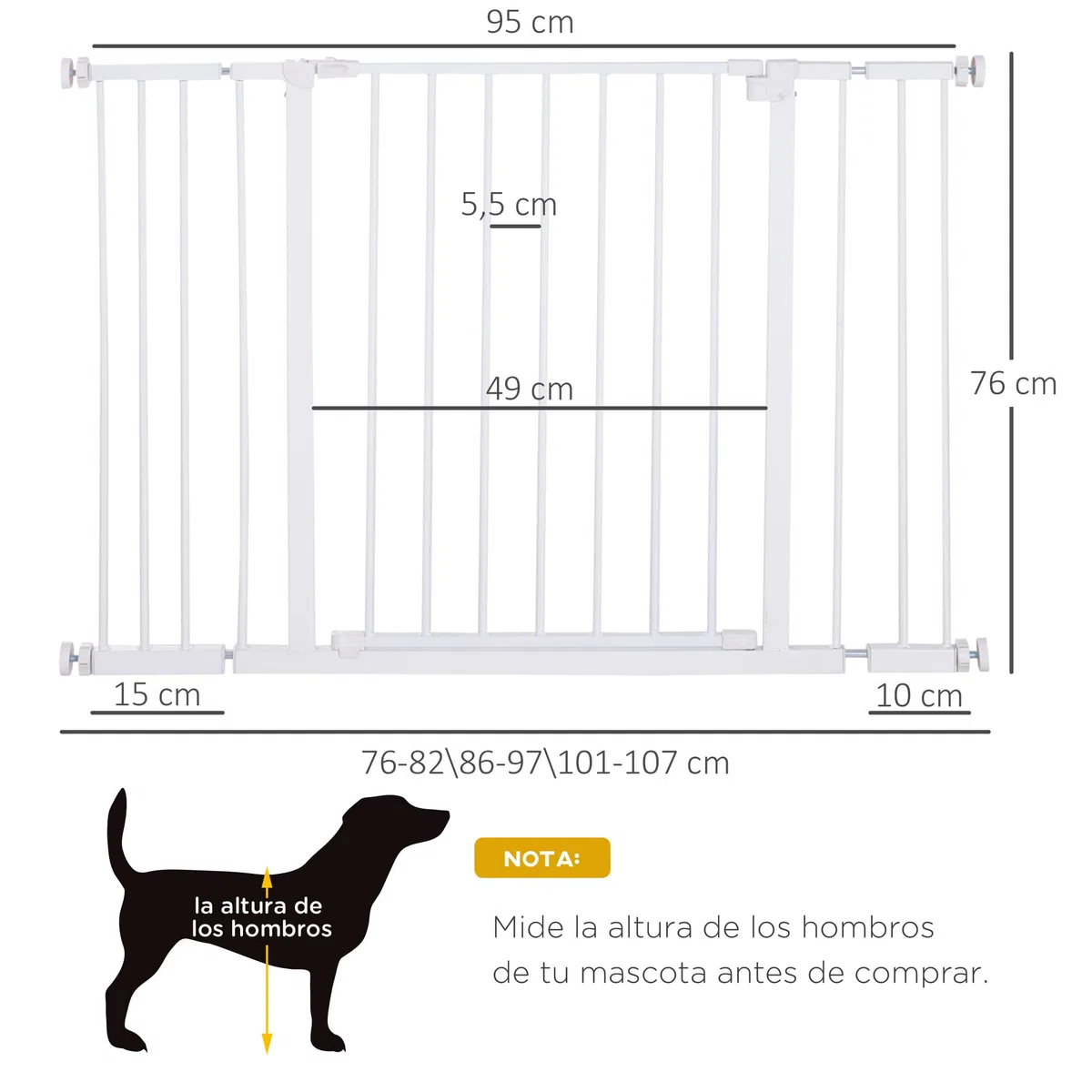 PawHut Barrera de Seguridad Longitud Ajustable 72-107 x 76 cm sin perforación de Metal, plástico Blanco