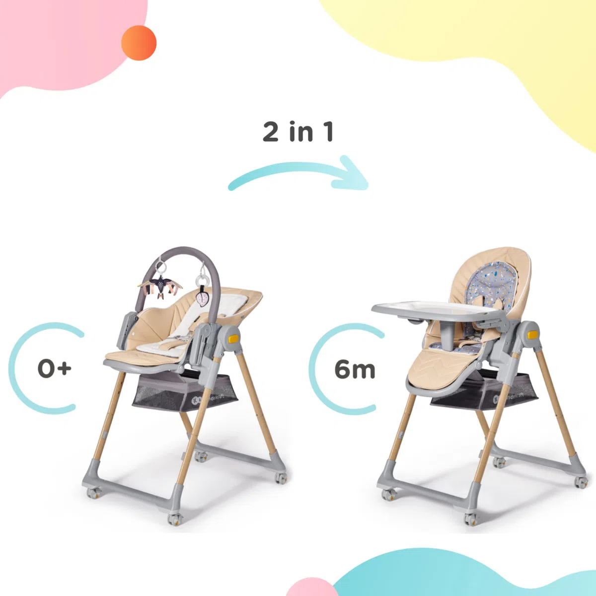 Kinderkraft LASTREE Trona Bebé de madera evolutiva plegable, Hamaca para bebés con Arco 2 juguetes, Asiento reposapiés ajustable, Posición tumbada, Rosa