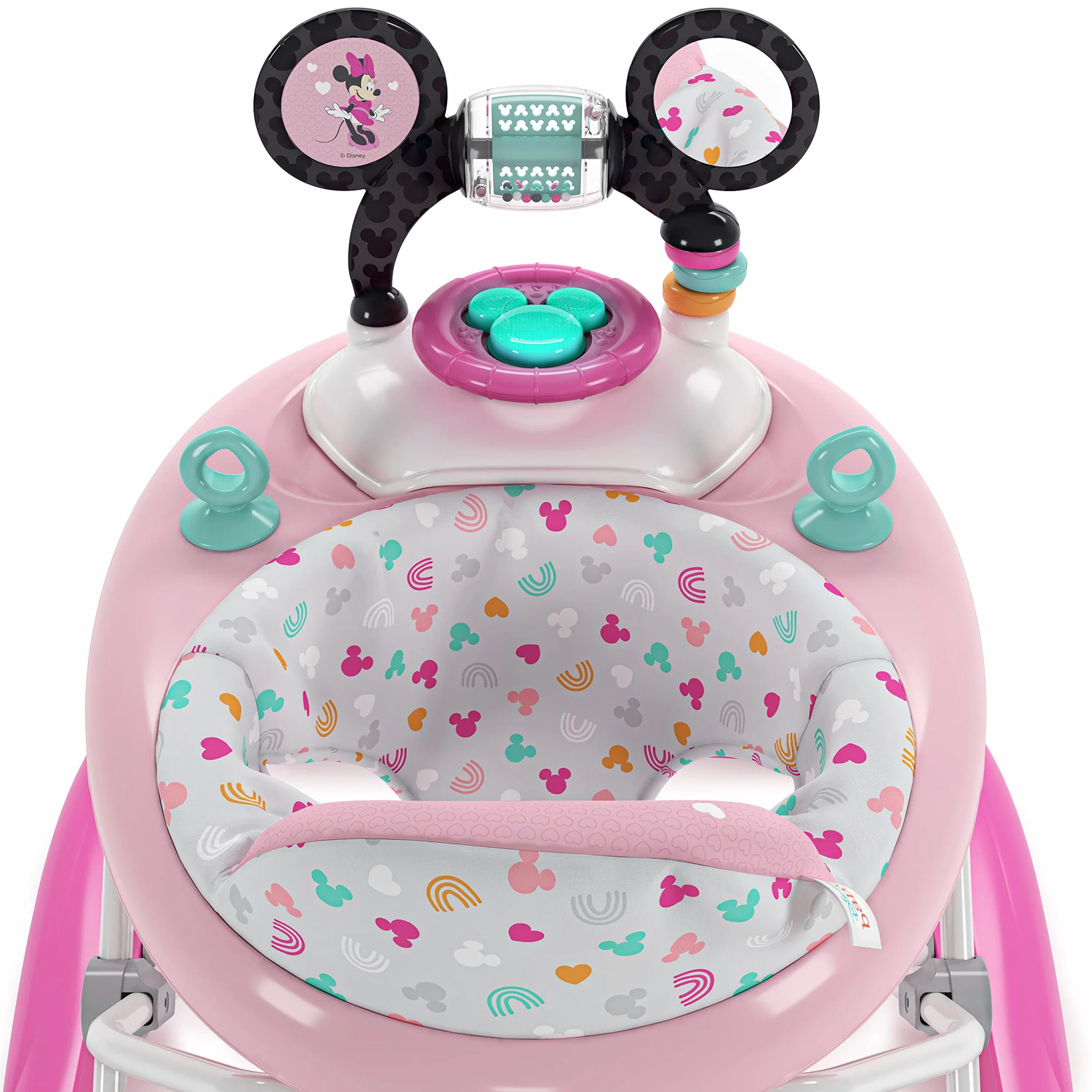 Bright Starts, Disney Baby Minnie Mouse, Tiny Trek, Forever Besties 2 en 1 Andador con estación de juegos desmontable, luces y canciones, altura ajustable, a partir de 6 meses