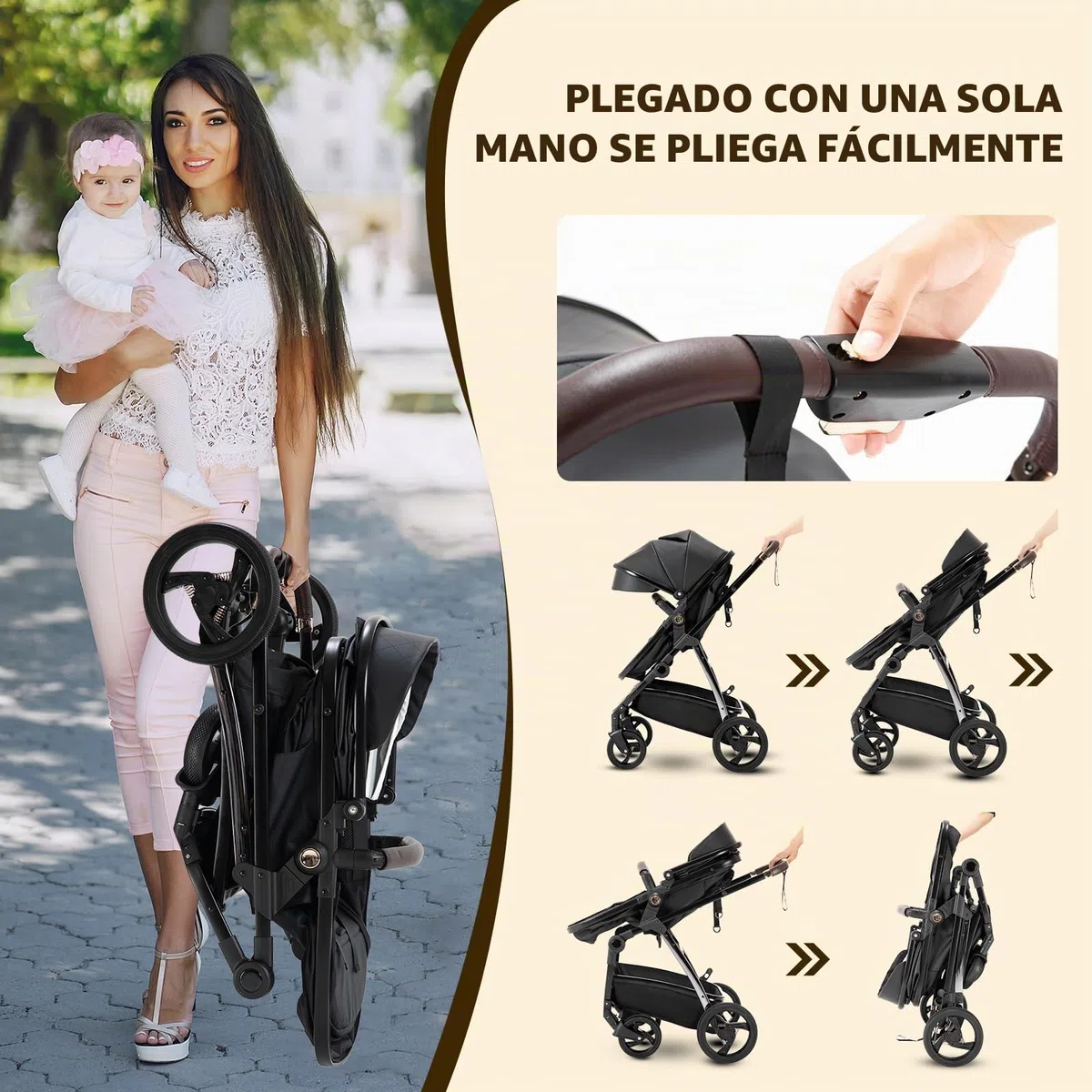 Gcarebb Cochecito de cuero 3 en 1, cochecitos de ciudad con asiento de coche, cochecito plegable portátil con un solo clic, marco de aluminio alto, cochecitos combinados para 0-4 años