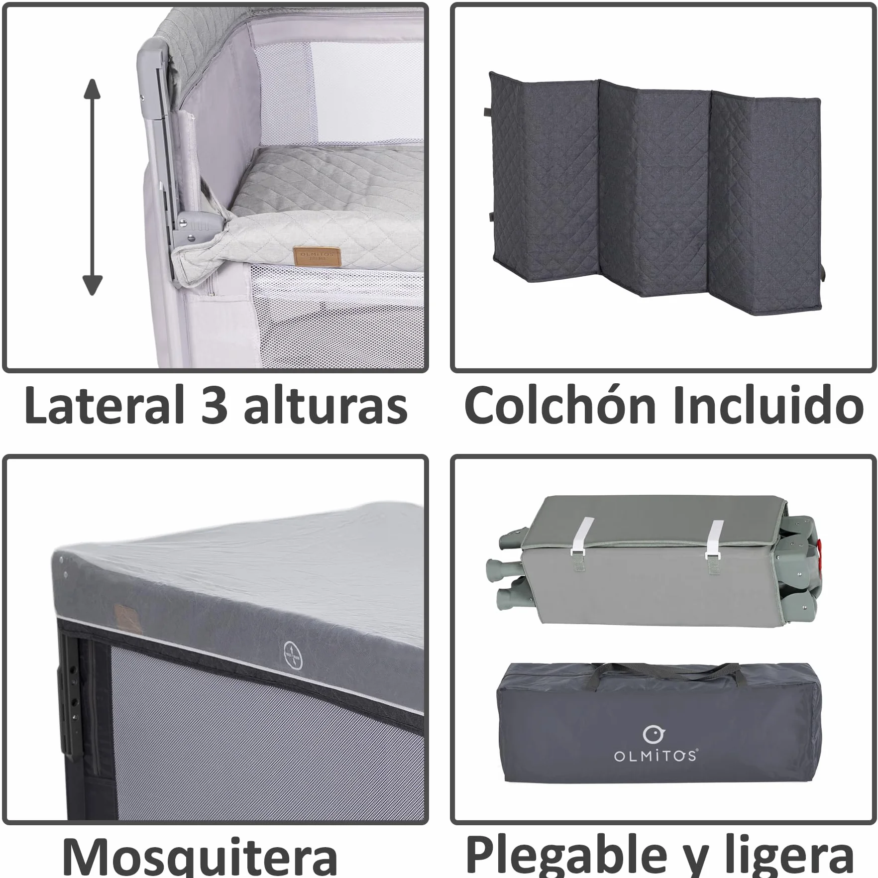 Cuna de Viaje Colecho 3 en 1 Trend Cun con Mosquitera 0-3 años (0-15kg) Plegable, Doble Altura, Lateral Abatible, Parque de Juegos, Bolsa de Transporte Gris Claro