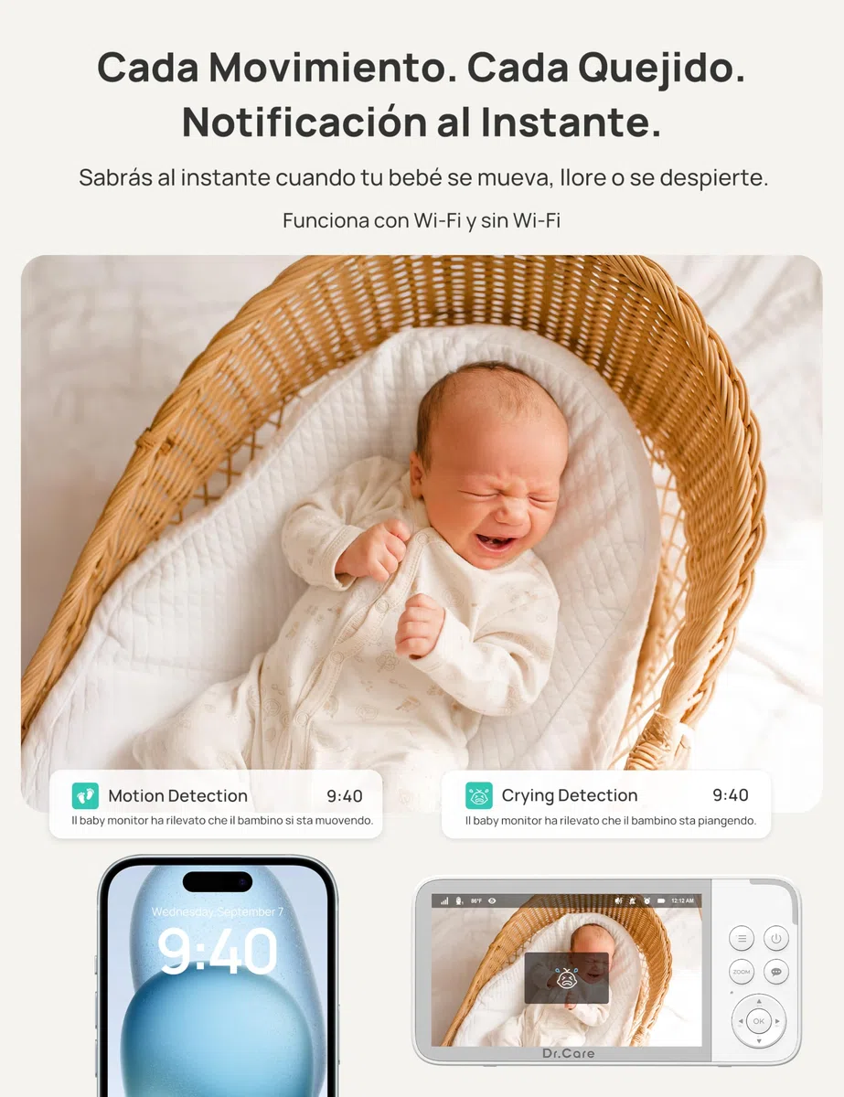 Dr.Care VistaView Baby Monitor Smart Wi-Fi de 5” con Soporte Clip, Cámara 2K HD, Control por App, Alertas de Llanto y Movimiento, Visión Nocturna, Batería 5000 mAh, Audio Bidireccional