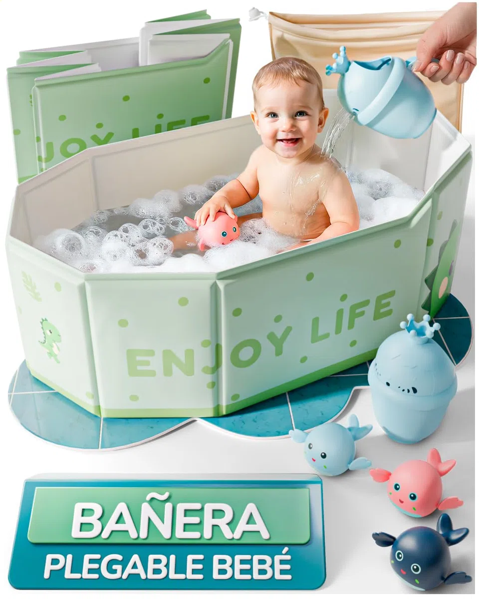 Kit Bañera Plegable Bebe - Bañera Portátil Bebé con Jarra, Bolsa y Accesorios - Bañera Bebé Grande Antideslizante - Plegable Viaje o Plato Ducha - Color Verde