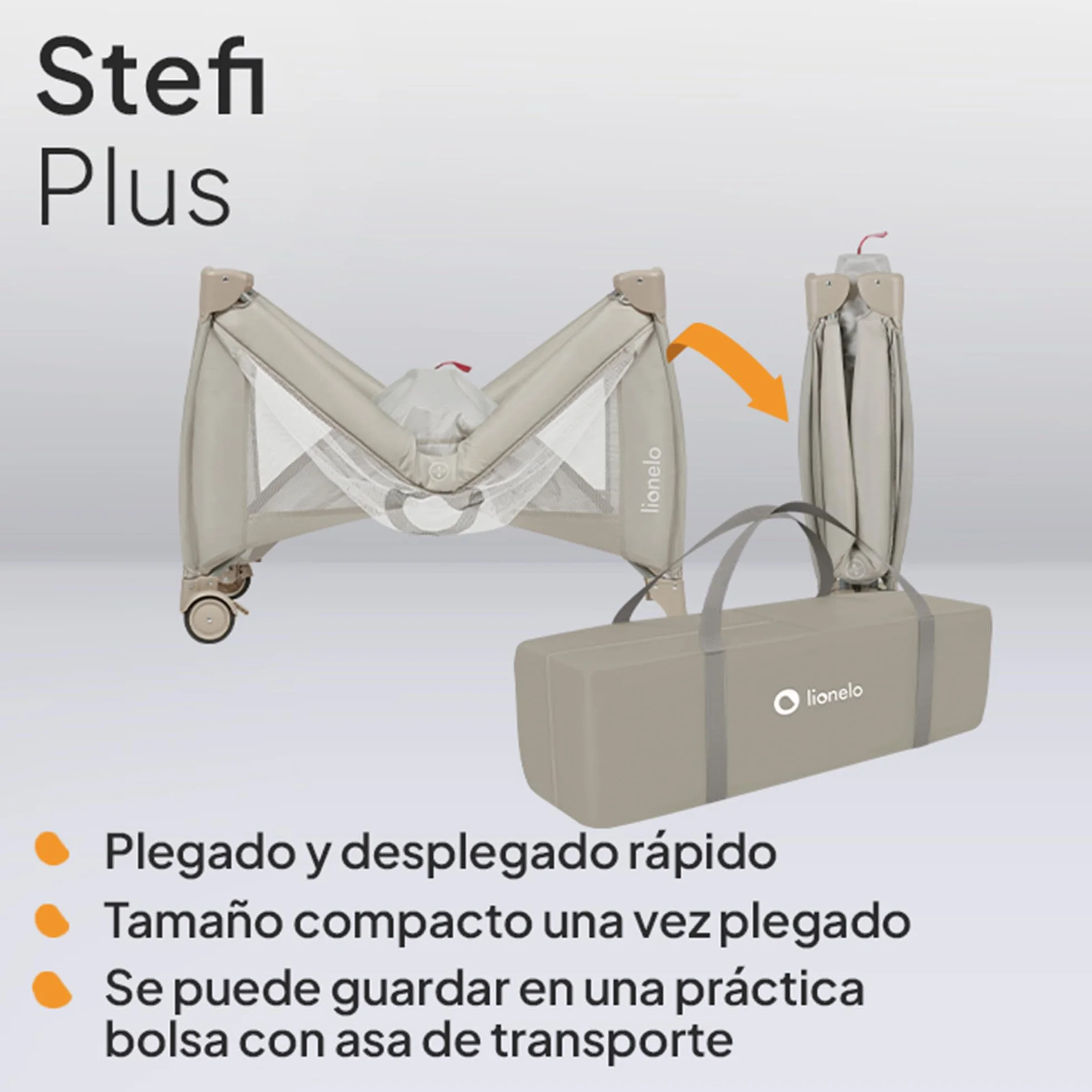 LIONELO Stefi Plus Cuna de Viaje Bebé Puerta Lateral Colchón Espuma T25 Premium Plegado Rápido Bolsa Transporte Ruedas Beige