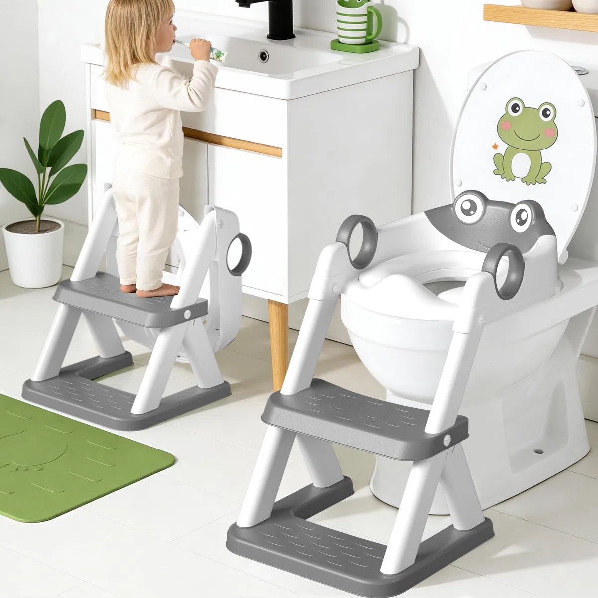 COOSEYA Frog Reductor WC Niños, Baby Plegable Baño Adaptador Wc Niños, Ajustable Entrenamiento Escalera Mejorado 2 en 1, Alfombrilla Impermeable y Escalón Antideslizante