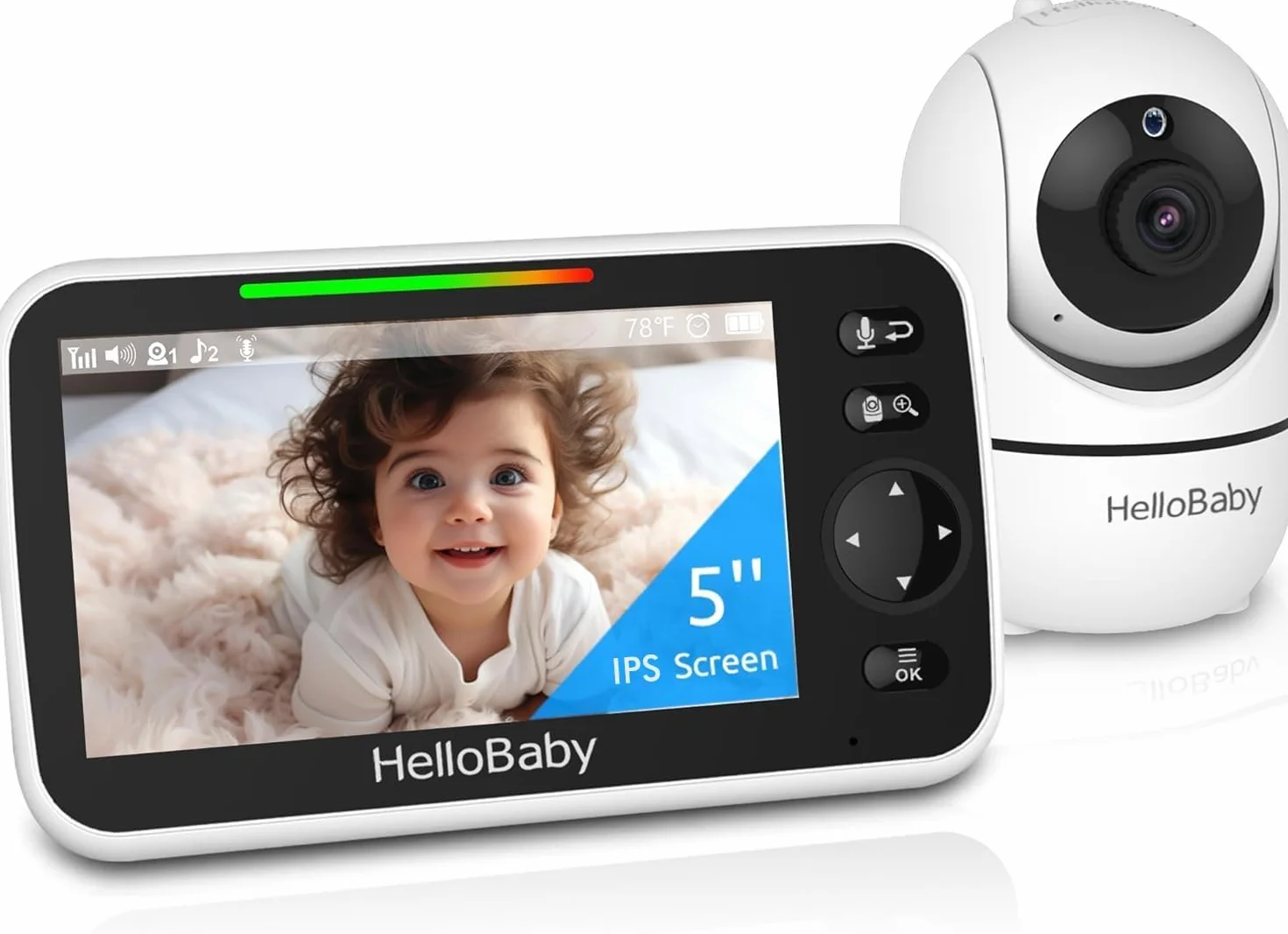 HelloBaby Monitor de Bebé con Cámara y Visión Nocturna, Pantalla de 5 Pulgadas con Batería de 30 Horas, Monitor de Video para Bebé Sin WiFi, Conversación Bidireccional, Temperatura, 8 Canciones
