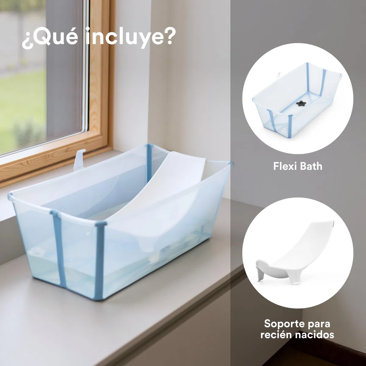 Stokke Flexi Bath (Ocean Blue) con Soporte para recién nacido - Duradera y fácil de guardar - Práctica para usar en casa o de viaje - Para bebés 0 a 48 meses
