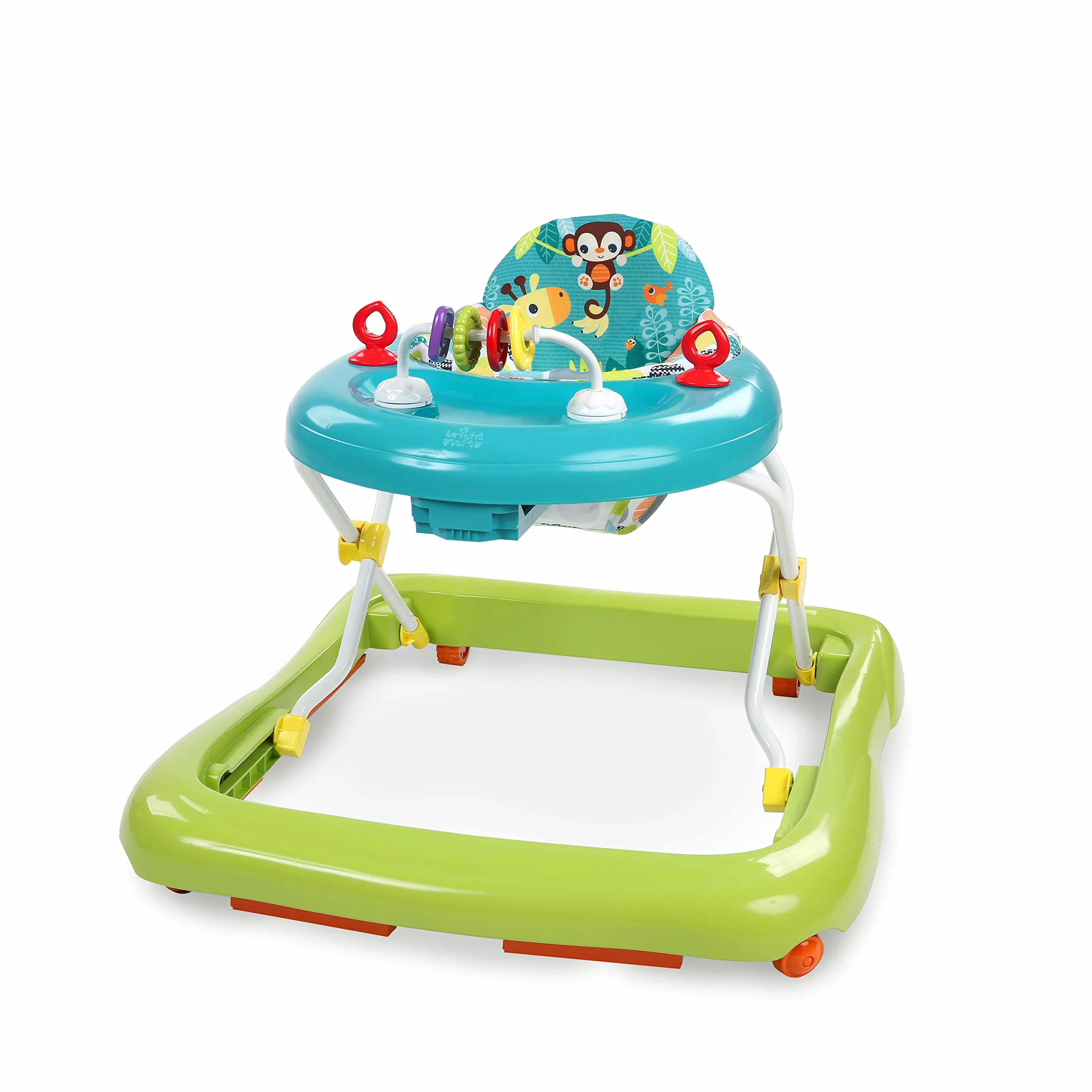 Bright Starts, Andador Primeros Pasos Plegable para Bebés Giggling Safari, juguete de ábaco divertido y colorido, altura ajustable, asiento extraíble, lavable a máquina, a partir de 6 meses